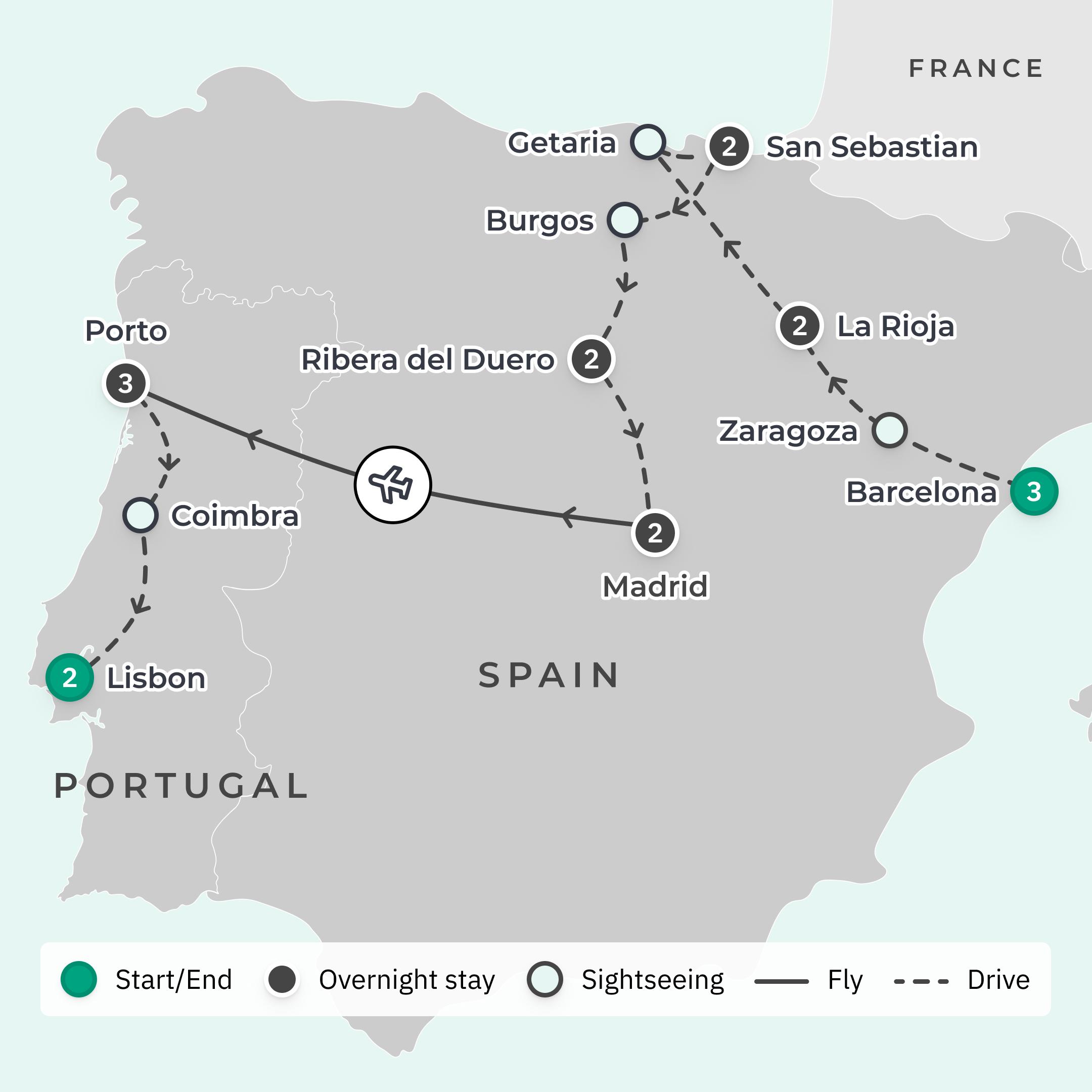 Signature Series: Exclusive 12-Day Spain Foodie Tour with Matt Preston & Gary Mehigan + 6-Day Portugal Highlights  route map