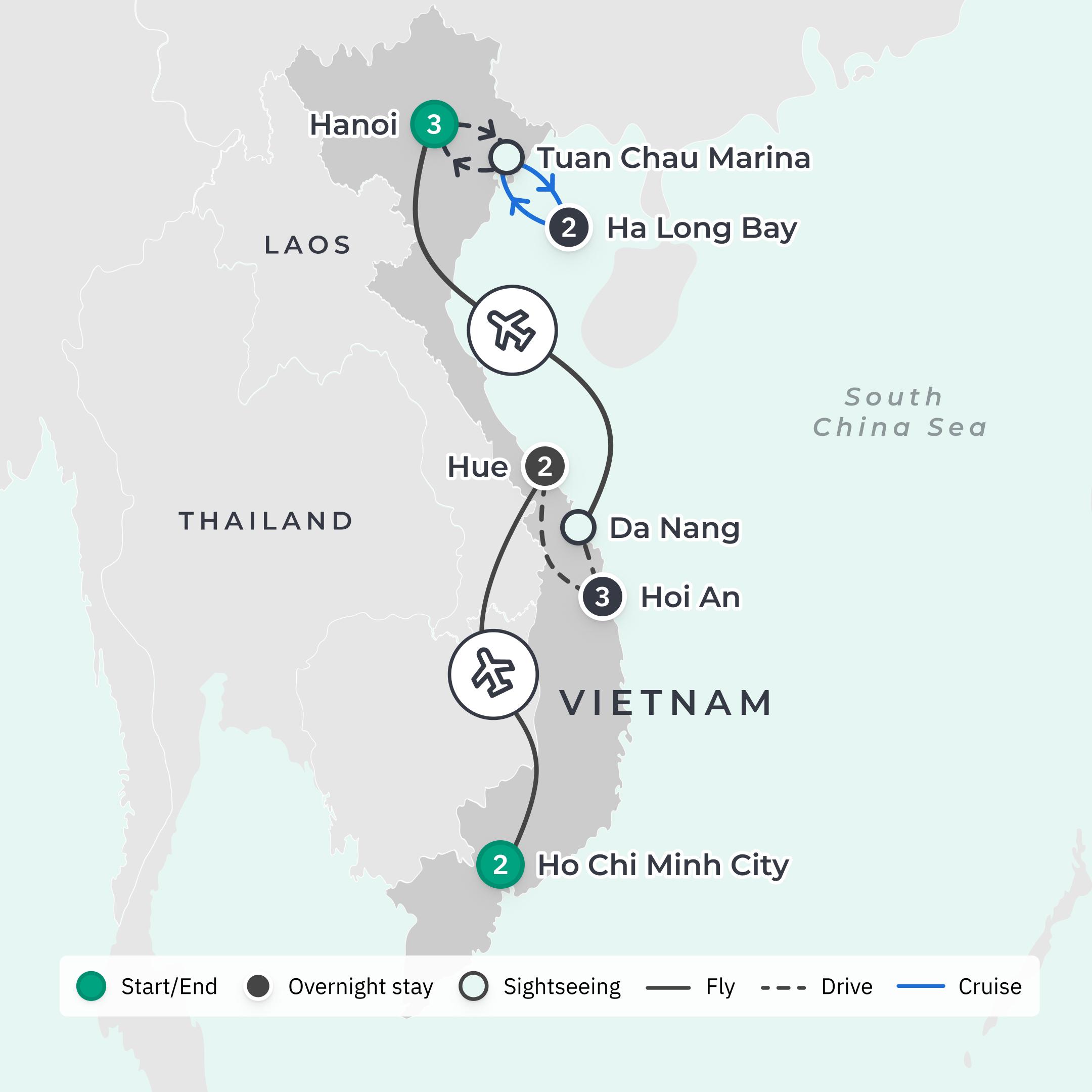 Premium 13-Day Vietnam Highlights 2025 with Hoi An, Hue & Ha Long Bay route map