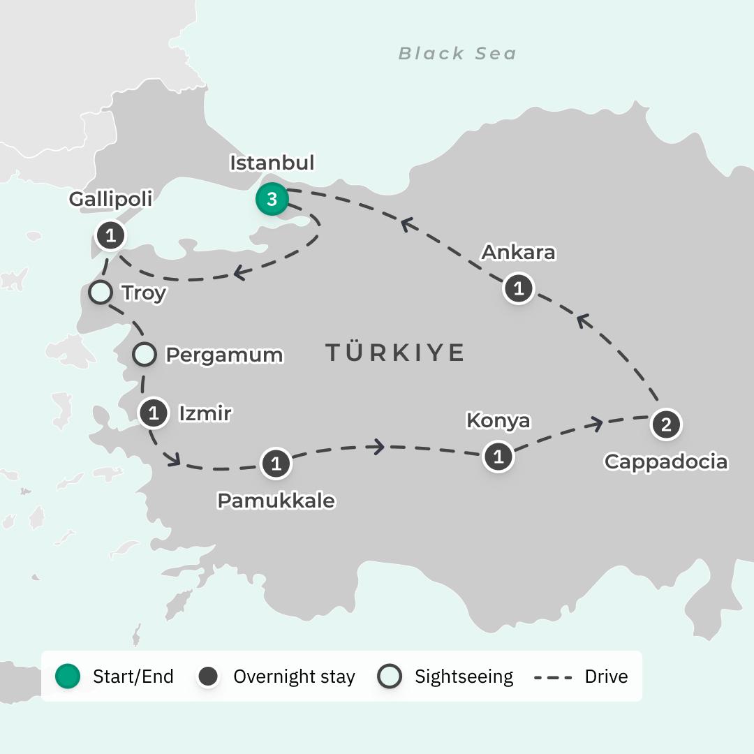 Turkiye 2024 Small-Group Highlights Tour with Cappadocia, Gallipoli, Hagia Sophia, Pamukkale Hot Springs & Bosphorus Cruise route map