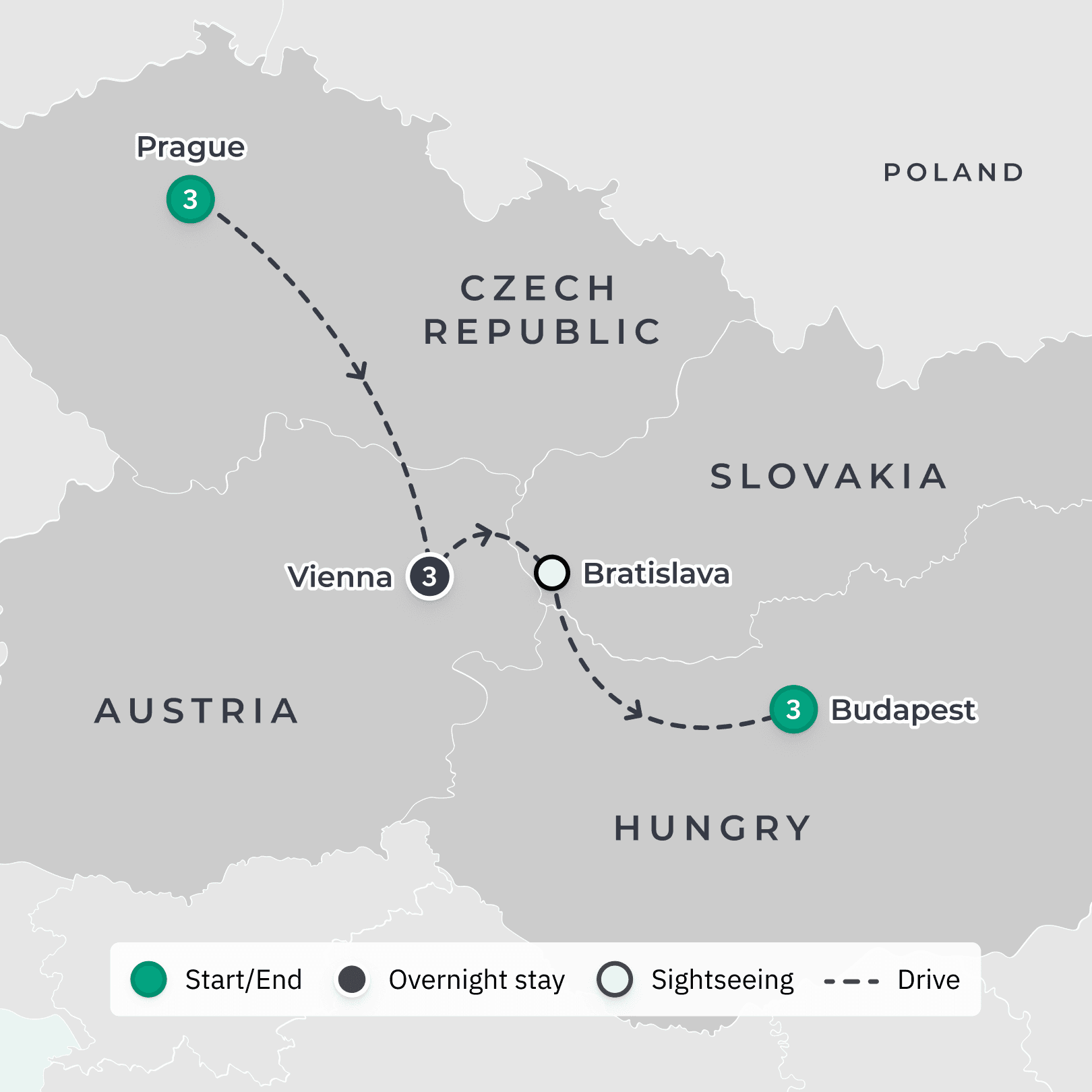 Prague, Vienna & Budapest Discovery with Schonbrunn Palace & Danube River Cruise route map