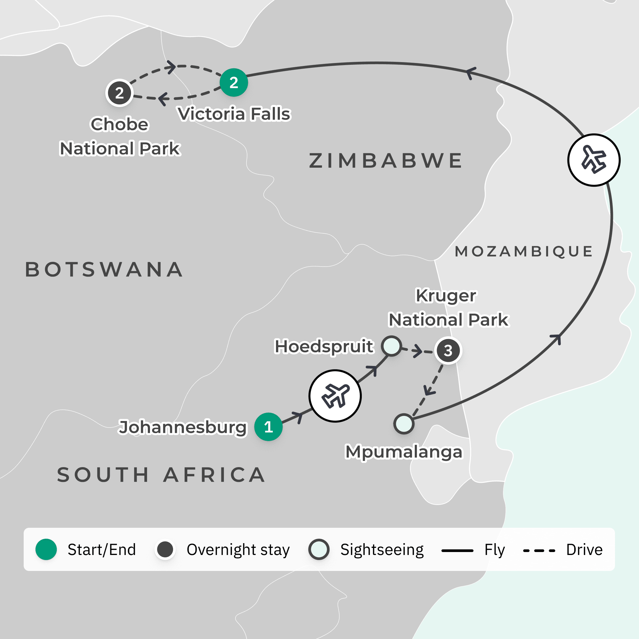 Deluxe 9-Day Southern Africa Safari 2026 with Victoria Falls, Kruger & Chobe National Parks route map