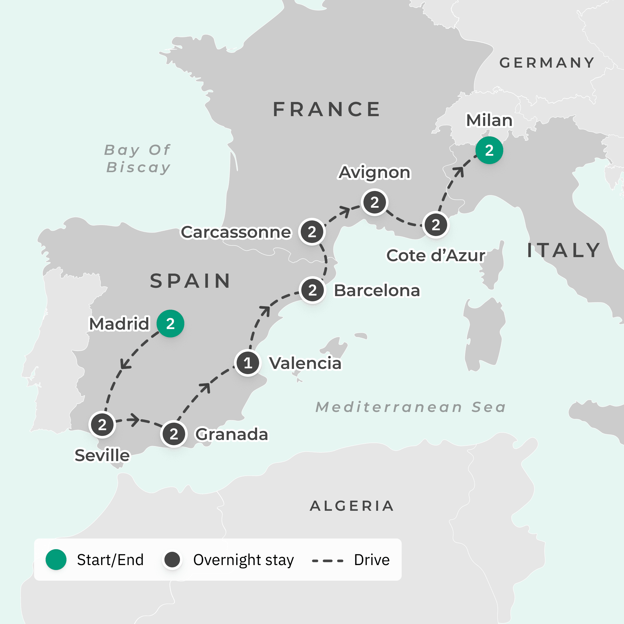 Spain, Italy & France Discovery with French Riviera Stay & Italian Lakes Cruise route map