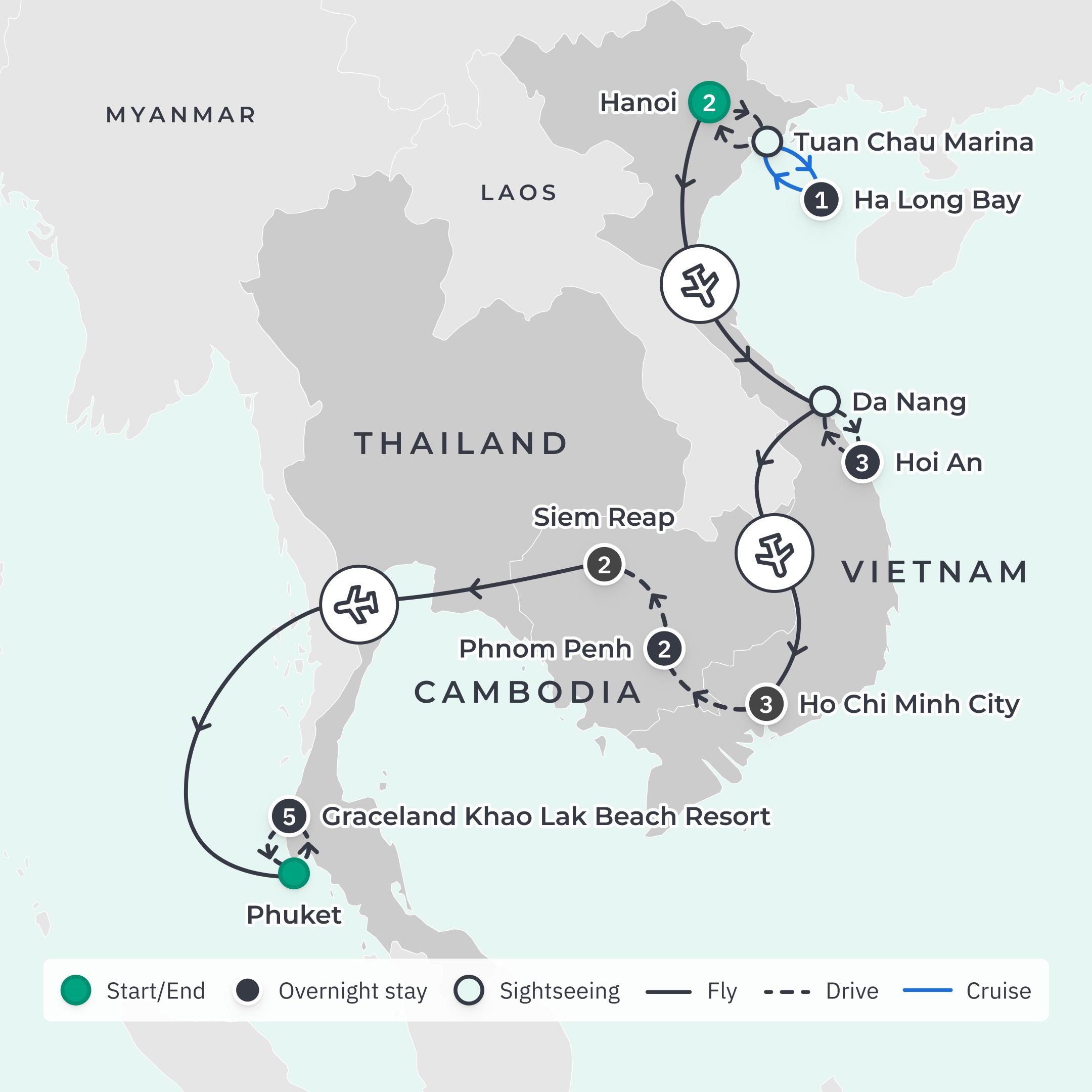 Limited Time Offer: 14-Day Vietnam & Cambodia Discovery with Bonus 5-Night Khao Lak Beachfront Stay route map