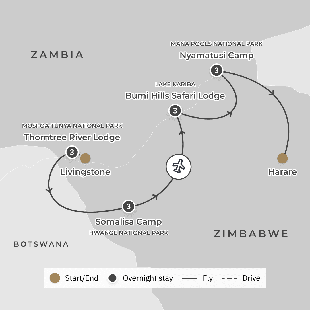 Limited Time Offer: Ultra-Lux 13-Day Zimbabwe & Zambia Private Safari with All-Inclusive African Luxury Lodges route map