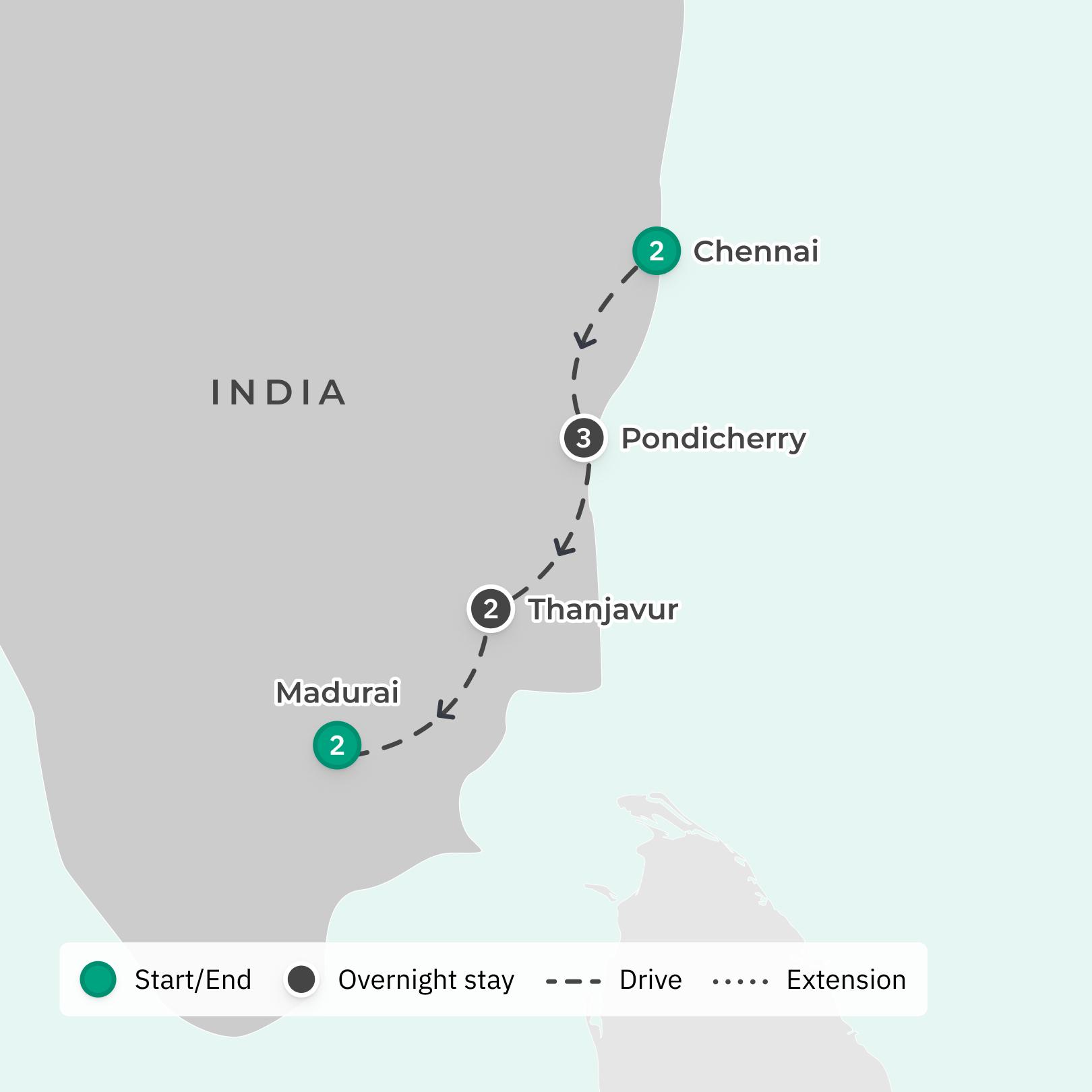 Southern India Highlights with UNESCO World Heritage Sites & Ayurvedic Massage route map