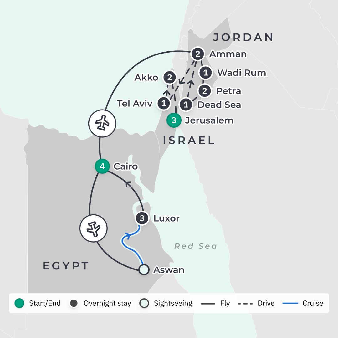  Egypt, Jordan & Israel Small-Group Tour with Wadi Rum, Pyramids of Giza, All-Inclusive Nile Cruise, Petra & All Internal Flights route map