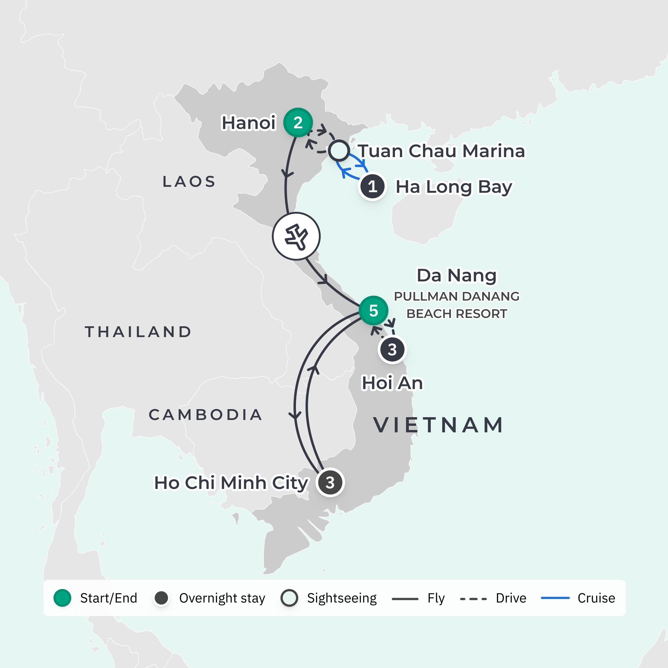 Limited Time Offer: 10-Day Vietnam Highlights with Ha Long Bay + 5-Night All-Inclusive Pullman Danang Stay route map
