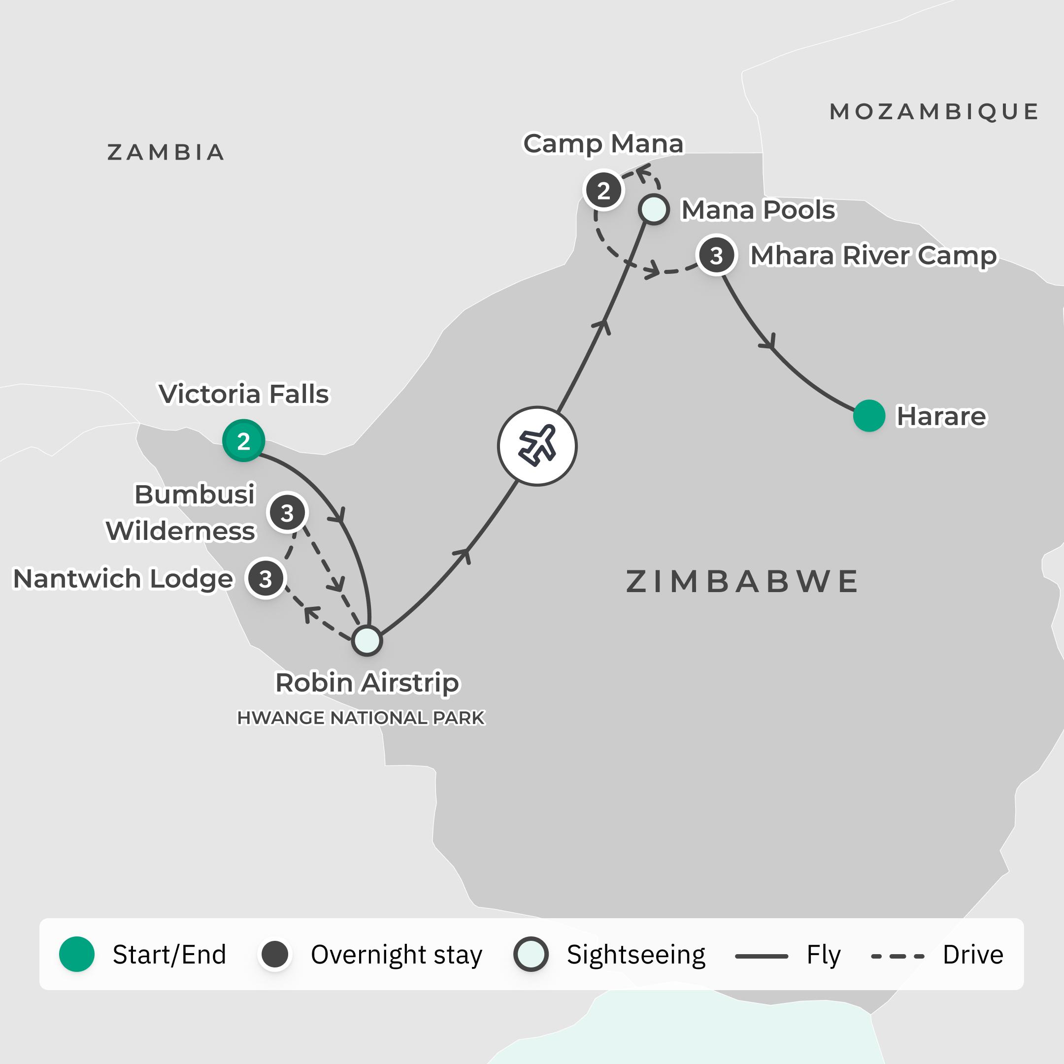 Limited Time Offer: Private 14-Day Zimbabwe Highlights Safari with Victoria Falls + Mana Pools & Hwange National Parks route map