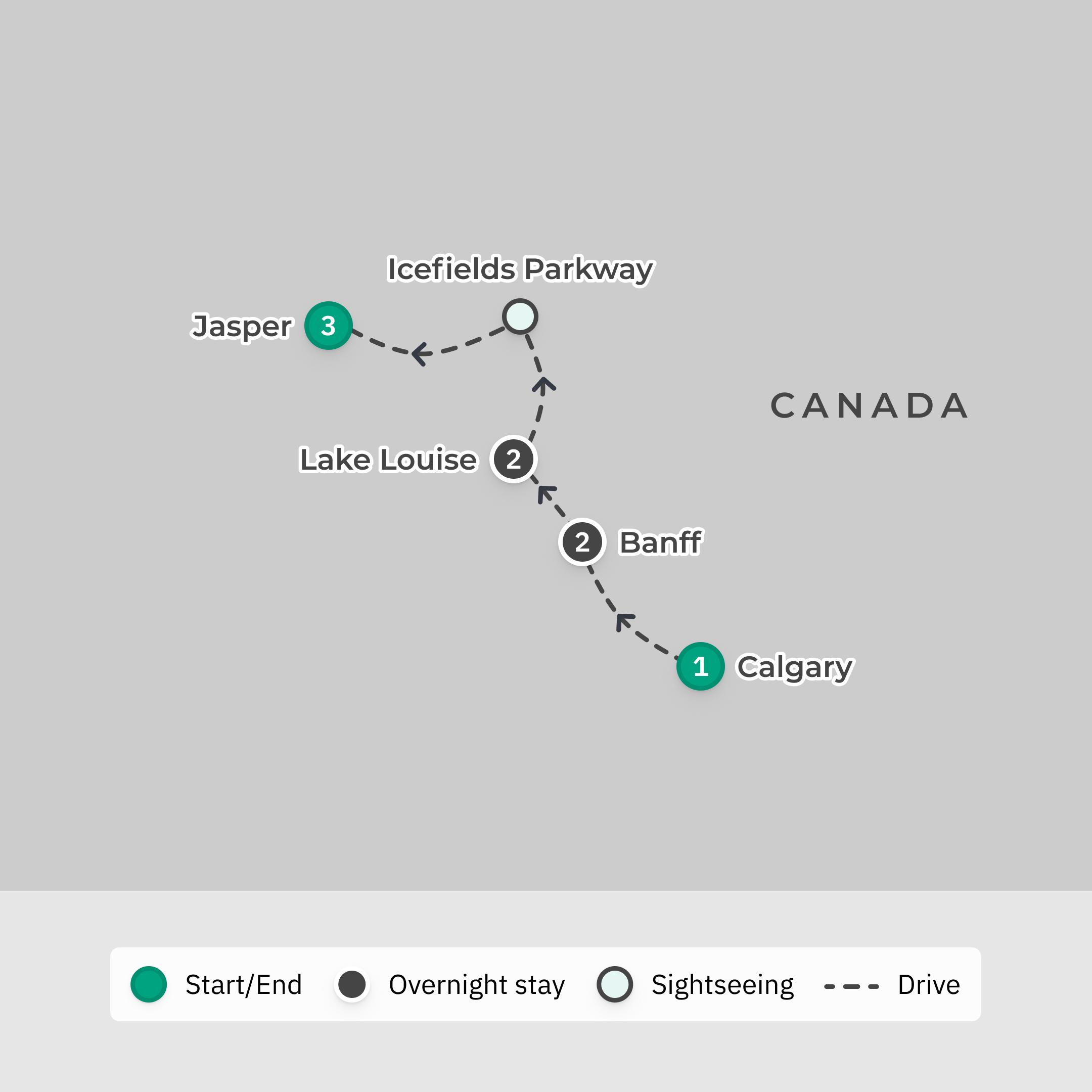 Premium 9-Day Private Canada Fairmont Winter Wonderland Tour with Banff, Lake Louise & Jasper route map