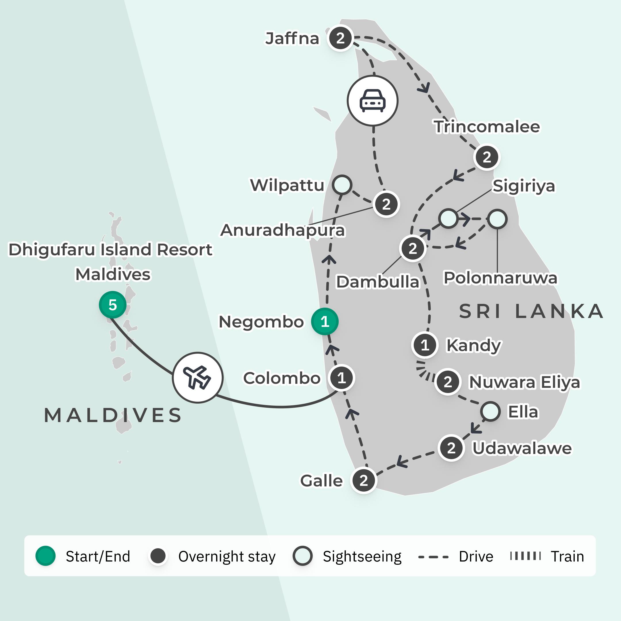 Limited Time Offer: 18-Day Sri Lanka North to South Discovery + 5-Night All-Inclusive Dhigufaru Maldives Stay route map