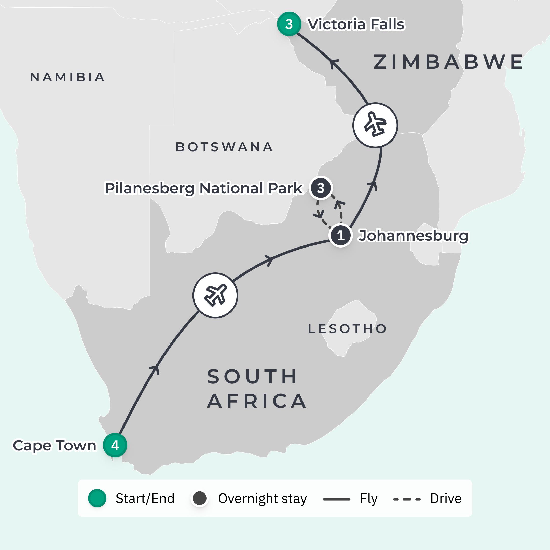 Deluxe: Private 12-Day South Africa & Zimbabwe Tour with Five-Star Safari Lodge & Victoria Falls route map