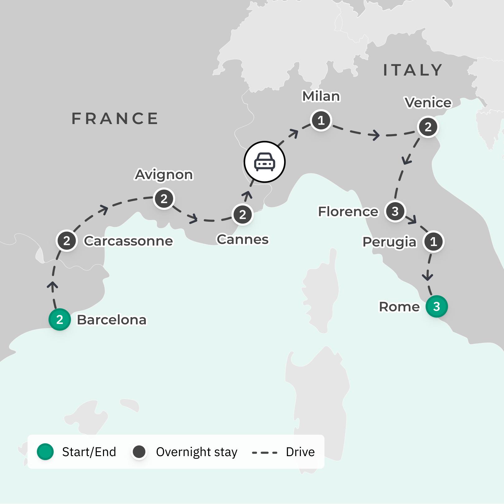 Southern France & Italy Discovery with Wine Tastings & Local Dining route map