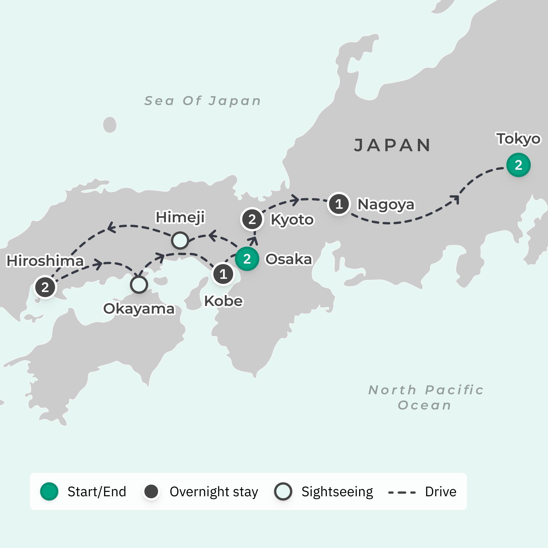 Deluxe 11-Day Japan Foodie Tour with Osaka, Kyoto & Nagoya   route map