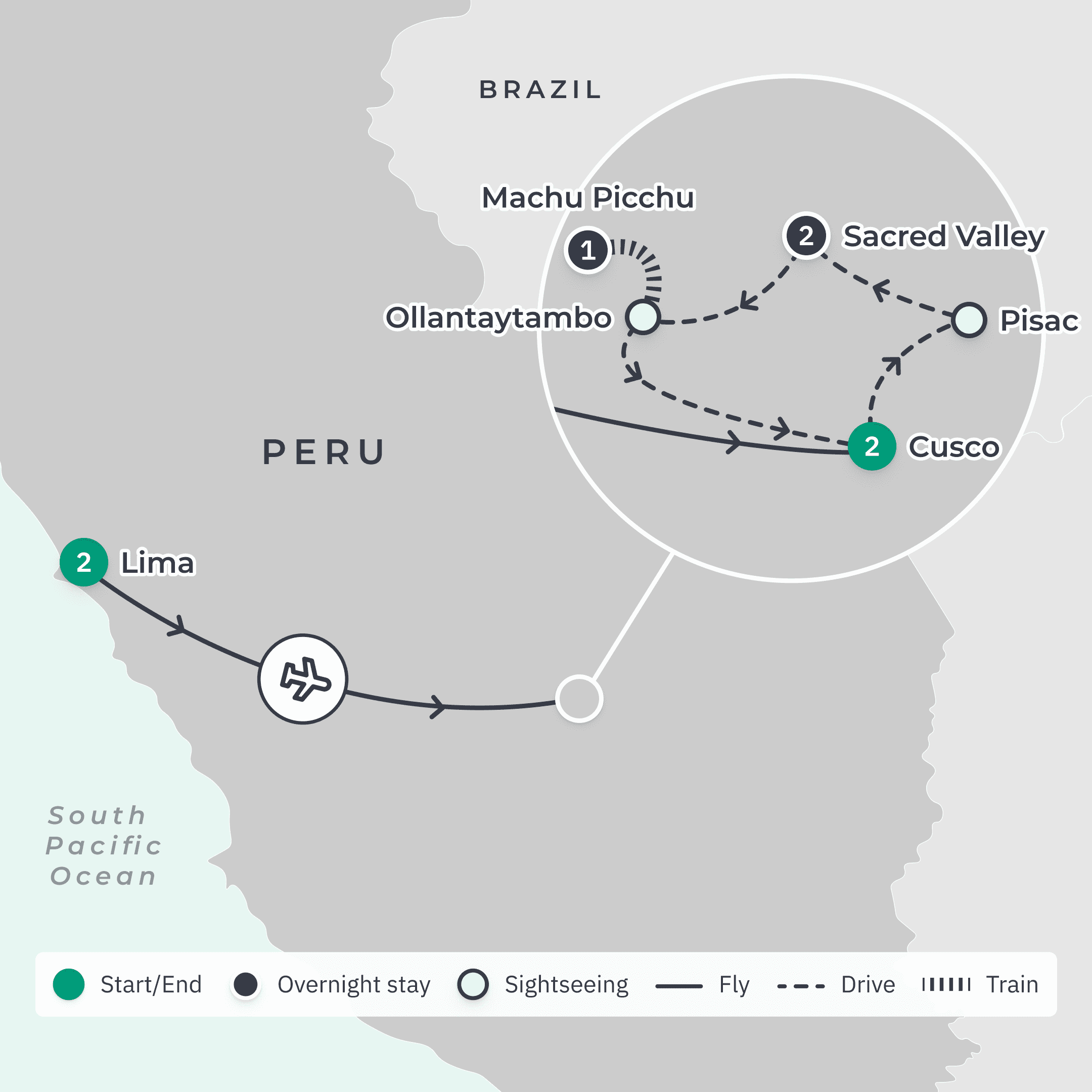 Deluxe 8-Day Peru Highlights with Lima, Cusco & Machu Picchu  route map