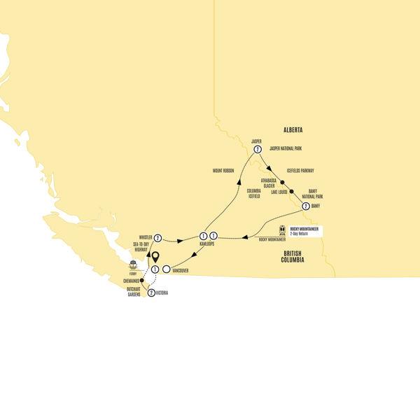 Panoramic Canadian Rockies with Rocky Mountaineer Silverleaf route map