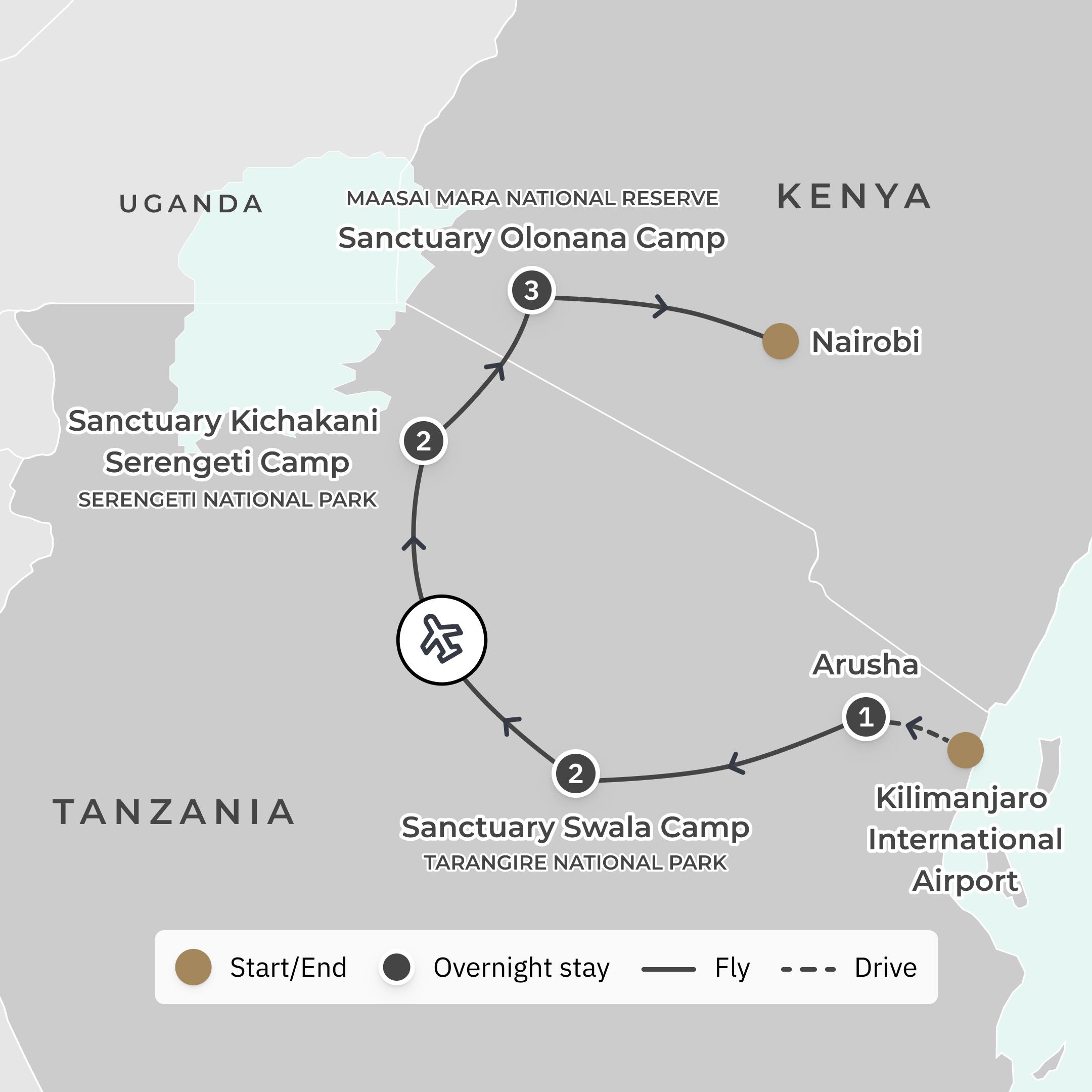 Ultra Lux 9-Day Kenya & Tanzania Private Sanctuary Safari with Serengeti & Maasai Mara National Parks route map