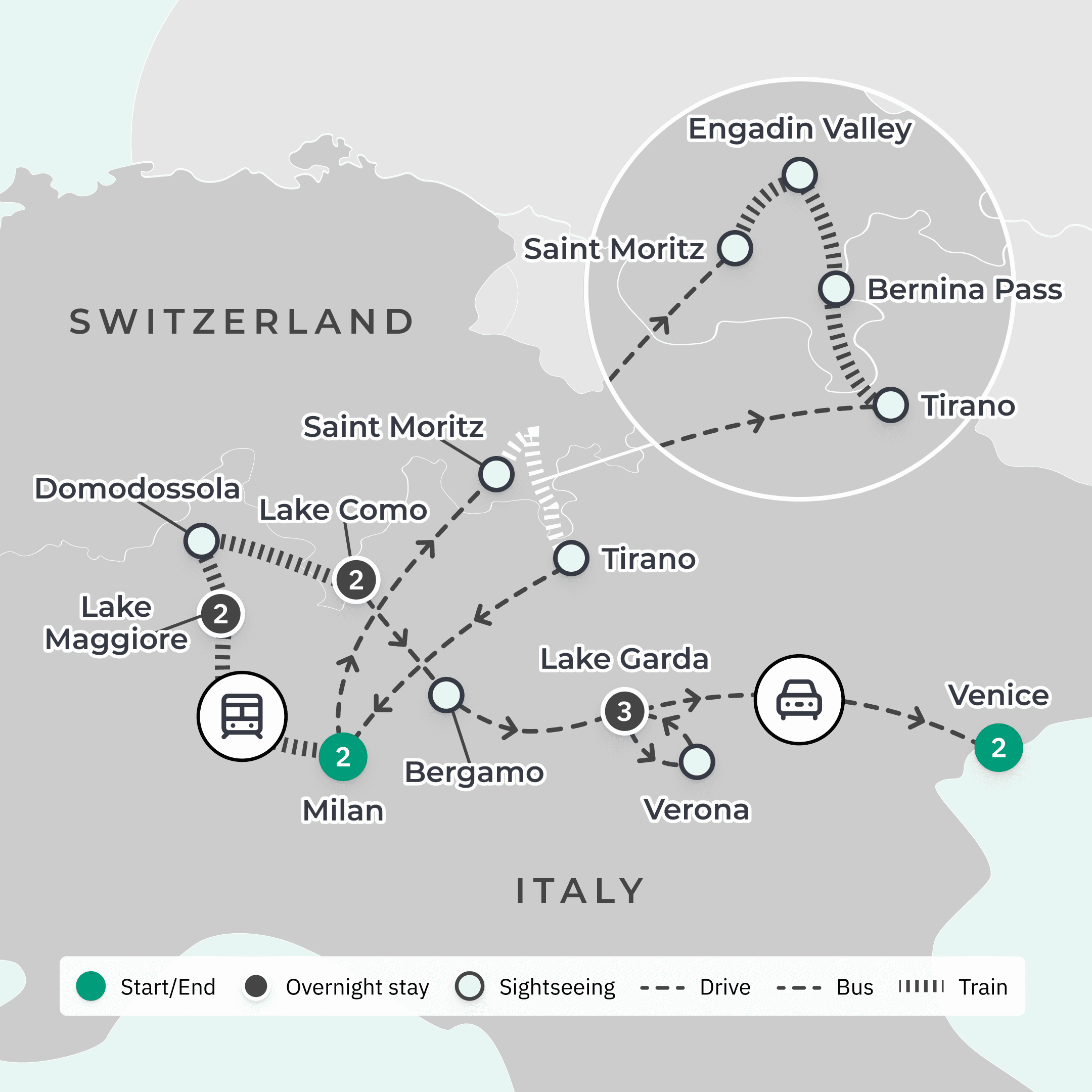 Deluxe 12-Day Northern Italian Lakes Highlights by Rail with Lake Como, Saint Moritz & Milan route map