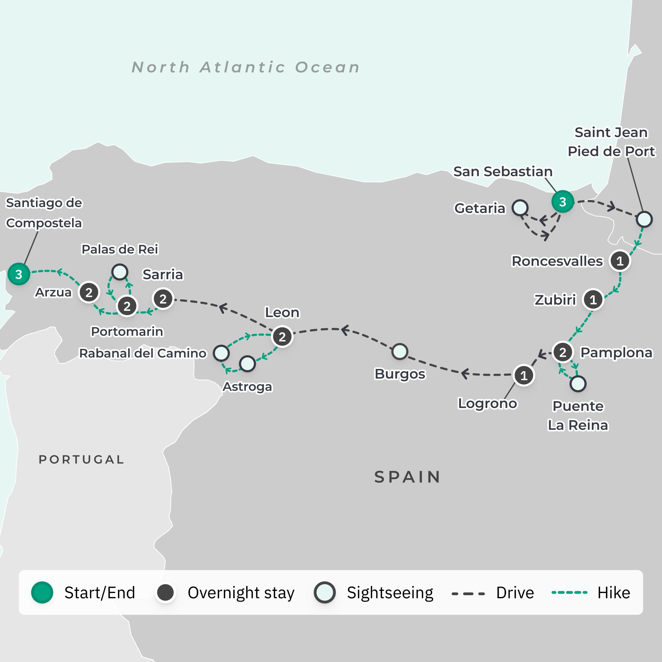 Deluxe 19-Day Spanish Camino Walking Tour with San Sebastián, Rioja Wine Country & Santiago route map