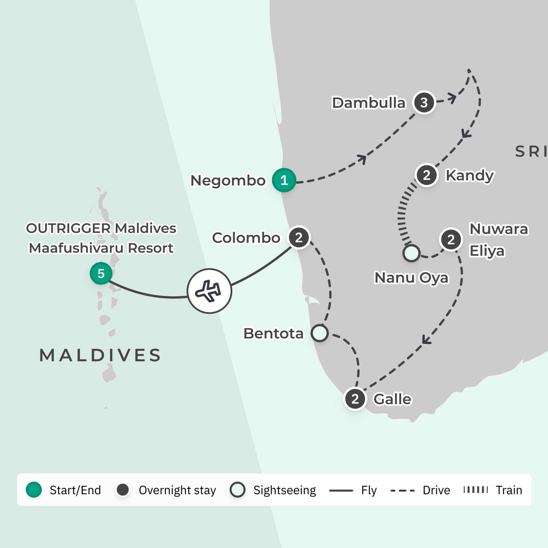 Limited Time Offer: 13-Day Private Premium Sri Lanka Tour with Scenic Train Journey + 5-Night All-Inclusive OUTRIGGER Maldives Stay route map