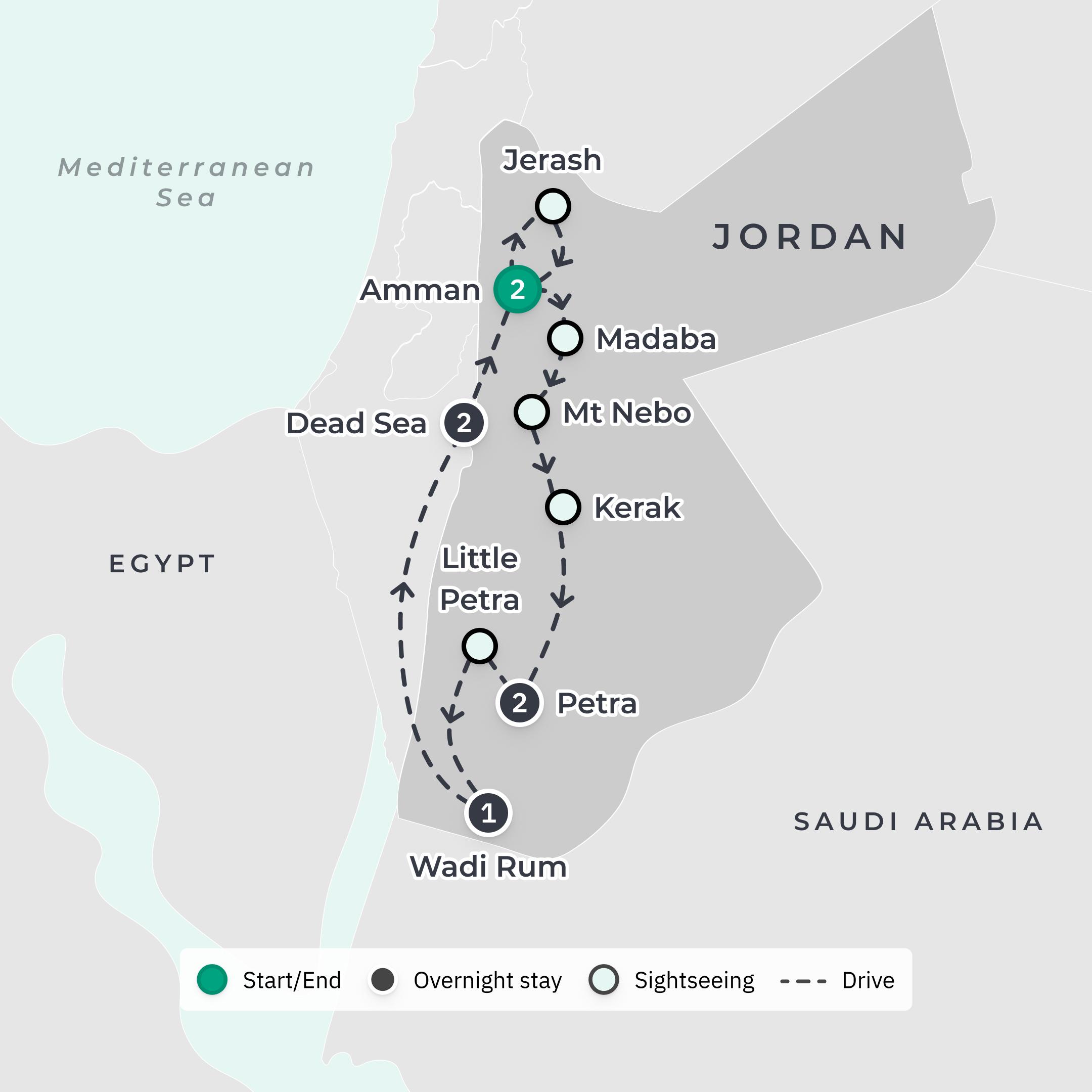 Premium 8-Day Jordan Opulence 2026 with Petra, Dead Sea & Wadi Rum route map