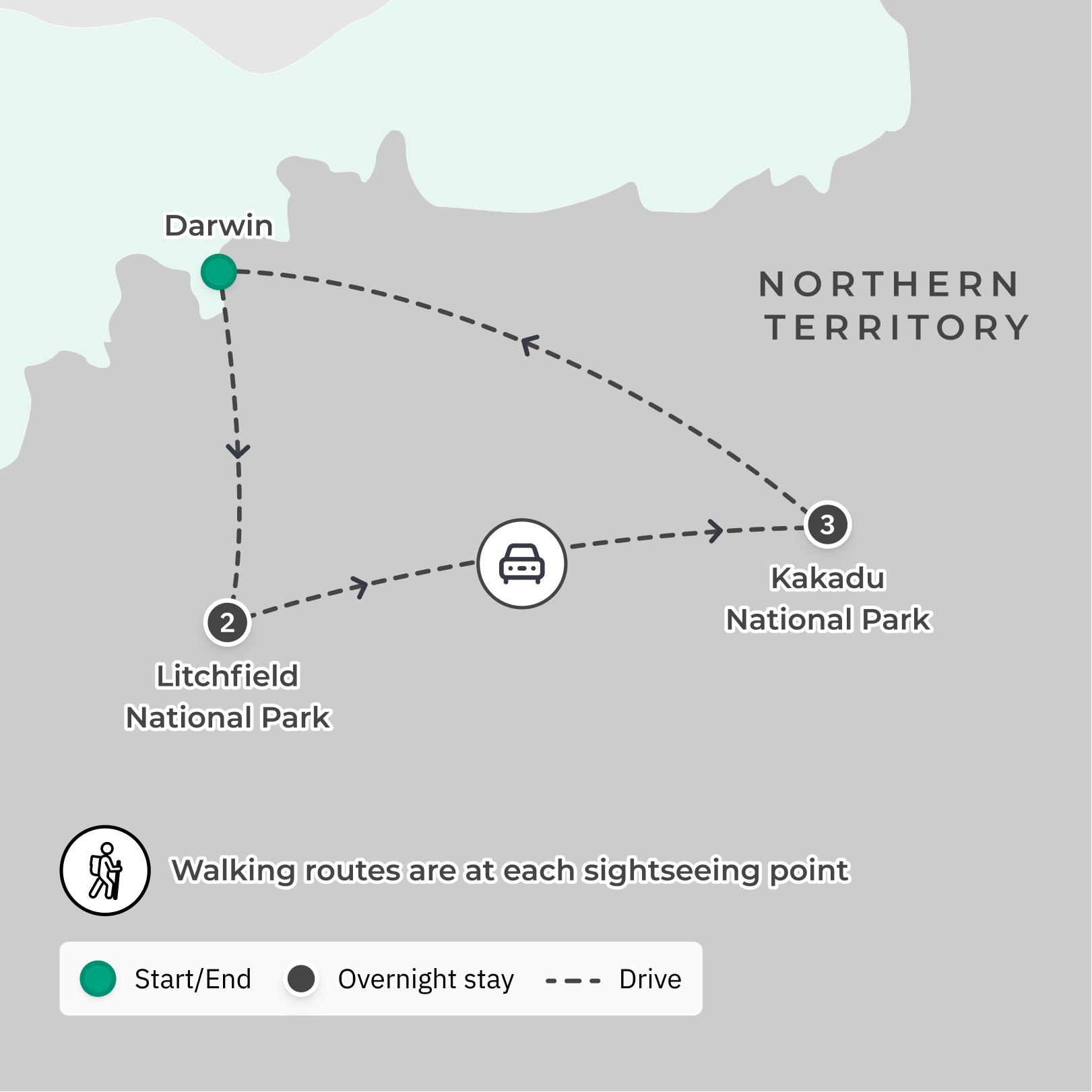Top End Fully-Guided Walking Tour with Arnhem Land Day Trek, Kakadu Exploration, UNESCO Sites & Litchfield National Park route map
