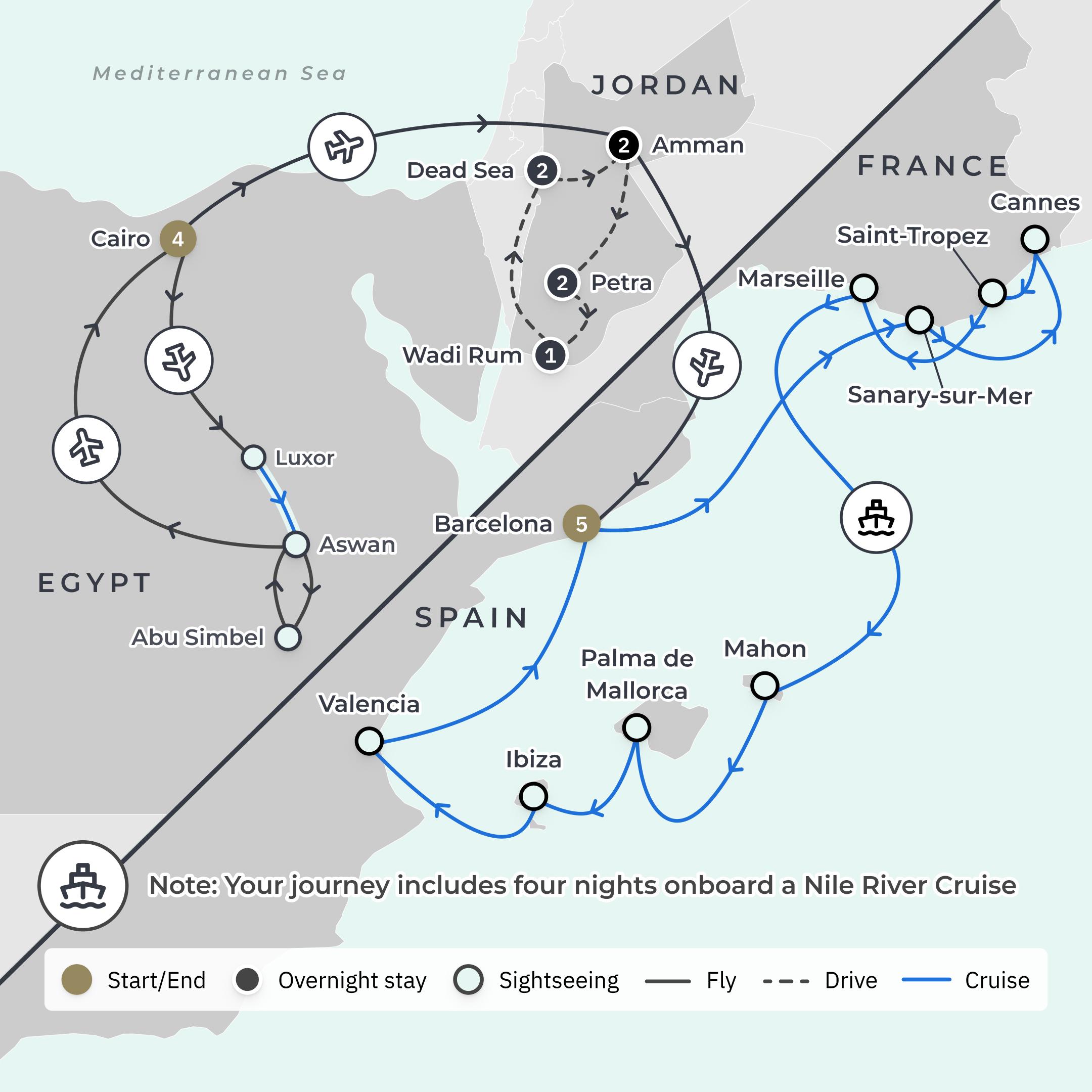 Limited Time Offer: 16-Day Egypt & Jordan Odyssey + 5-Night Nobu Barcelona Stay & 10-Night Scenic Eclipse Mediterranean Cruise route map