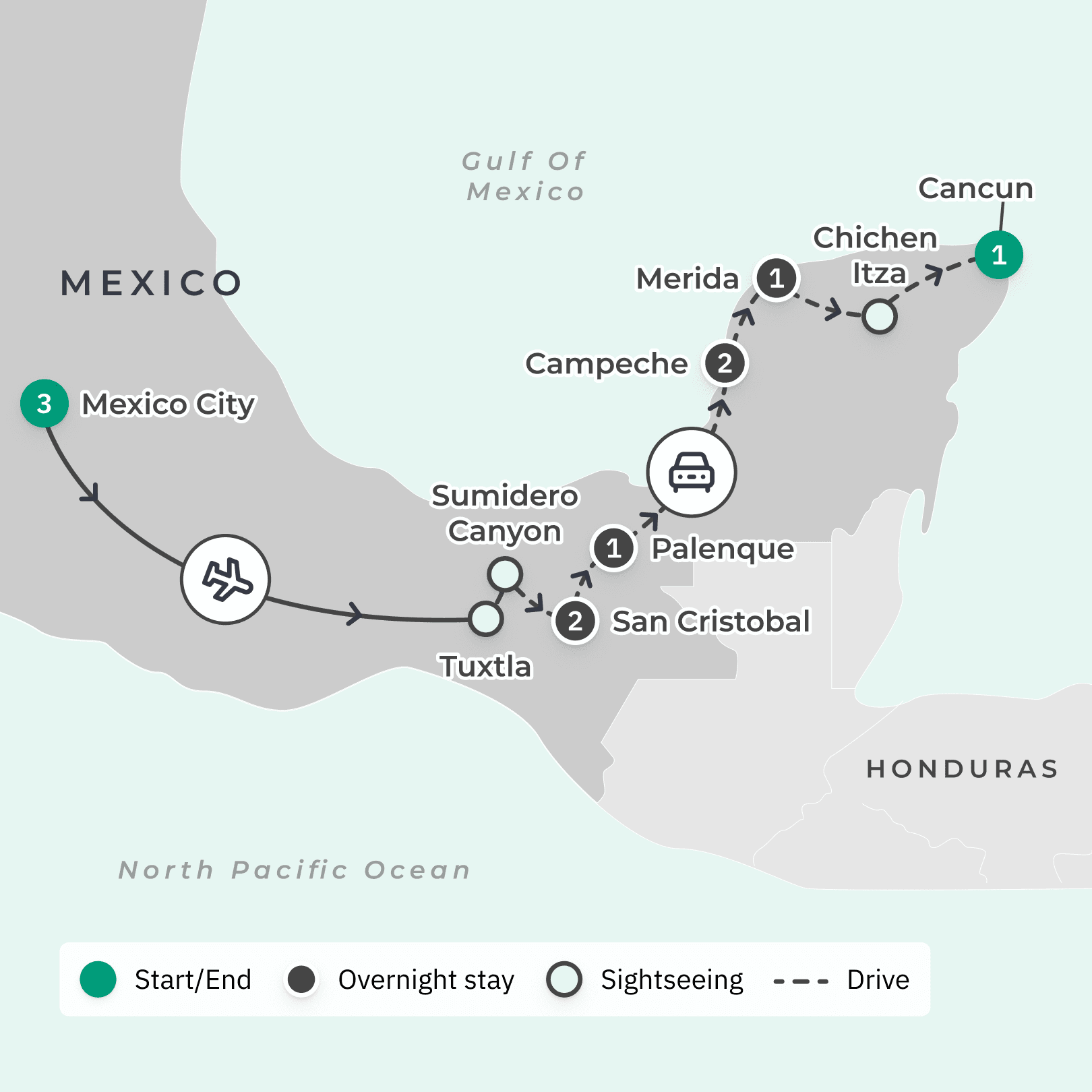 Deluxe 11-Day Mexico Highlights with Sumidero Canyon, Campeche & Palenque route map