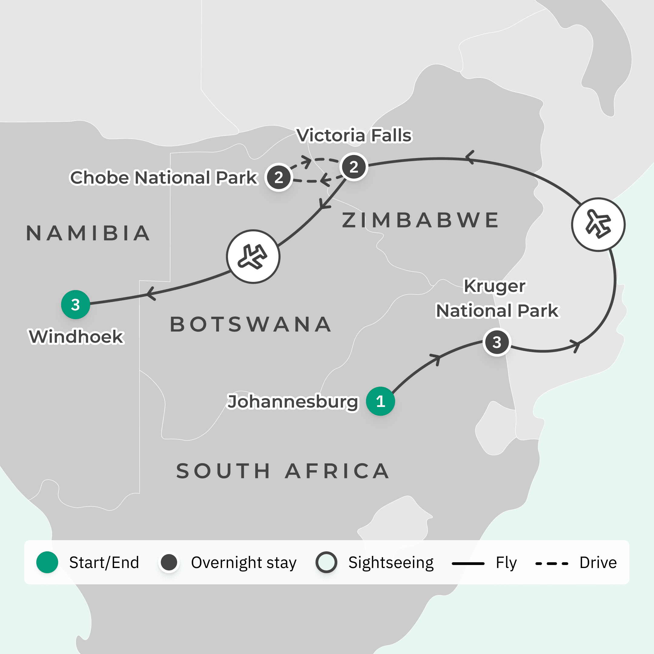 Limited Time Offer: 9-Day Southern Africa Safari + 3-Night Luxury Kalahari Desert Stay  route map