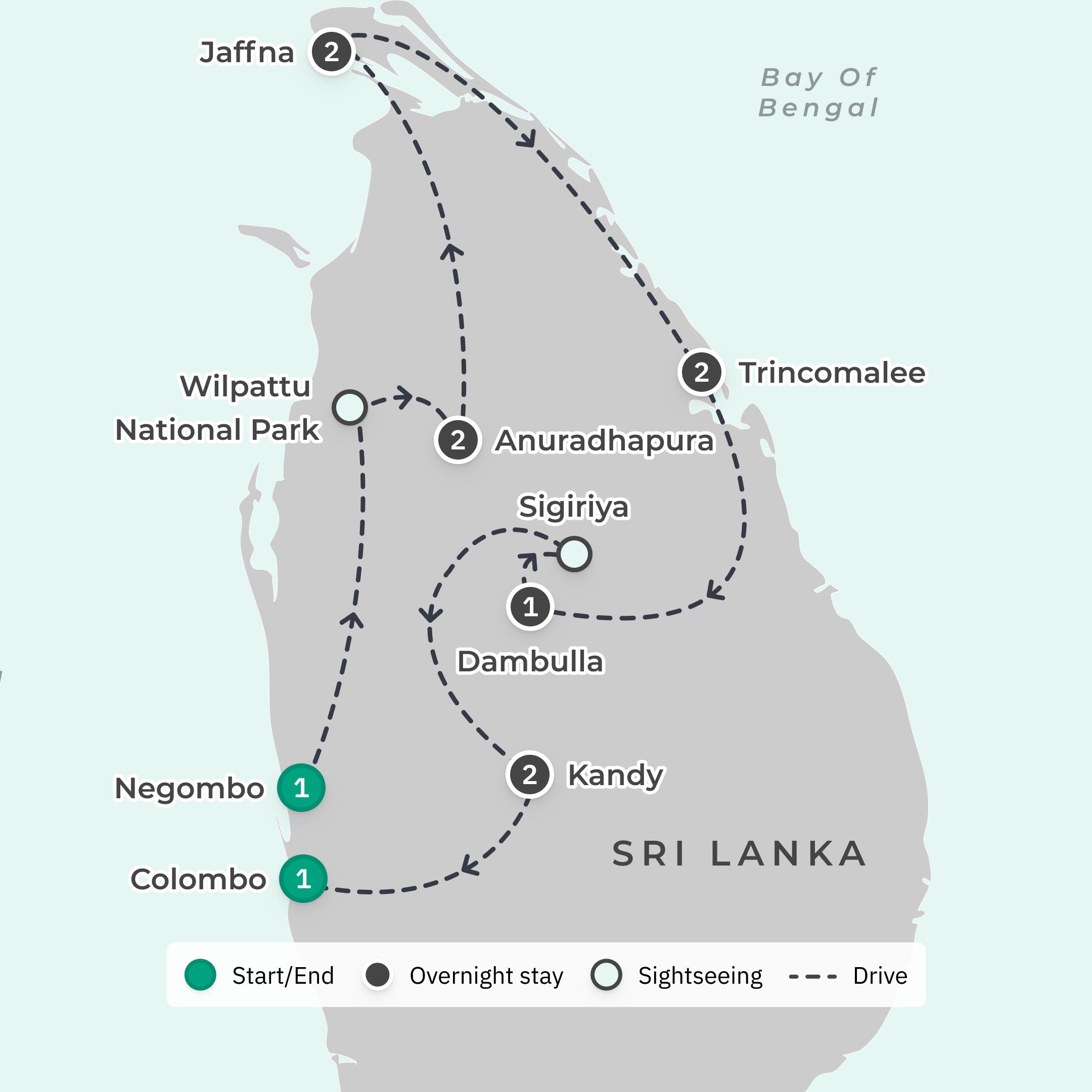 Deluxe 12-Day Discover Northern Sri Lanka with Wilpattu, Anuradhapura & Jaffna route map