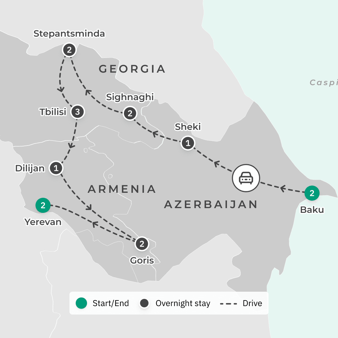  Deluxe 16-Day Azerbaijan, Georgia & Armenia Odyssey route map