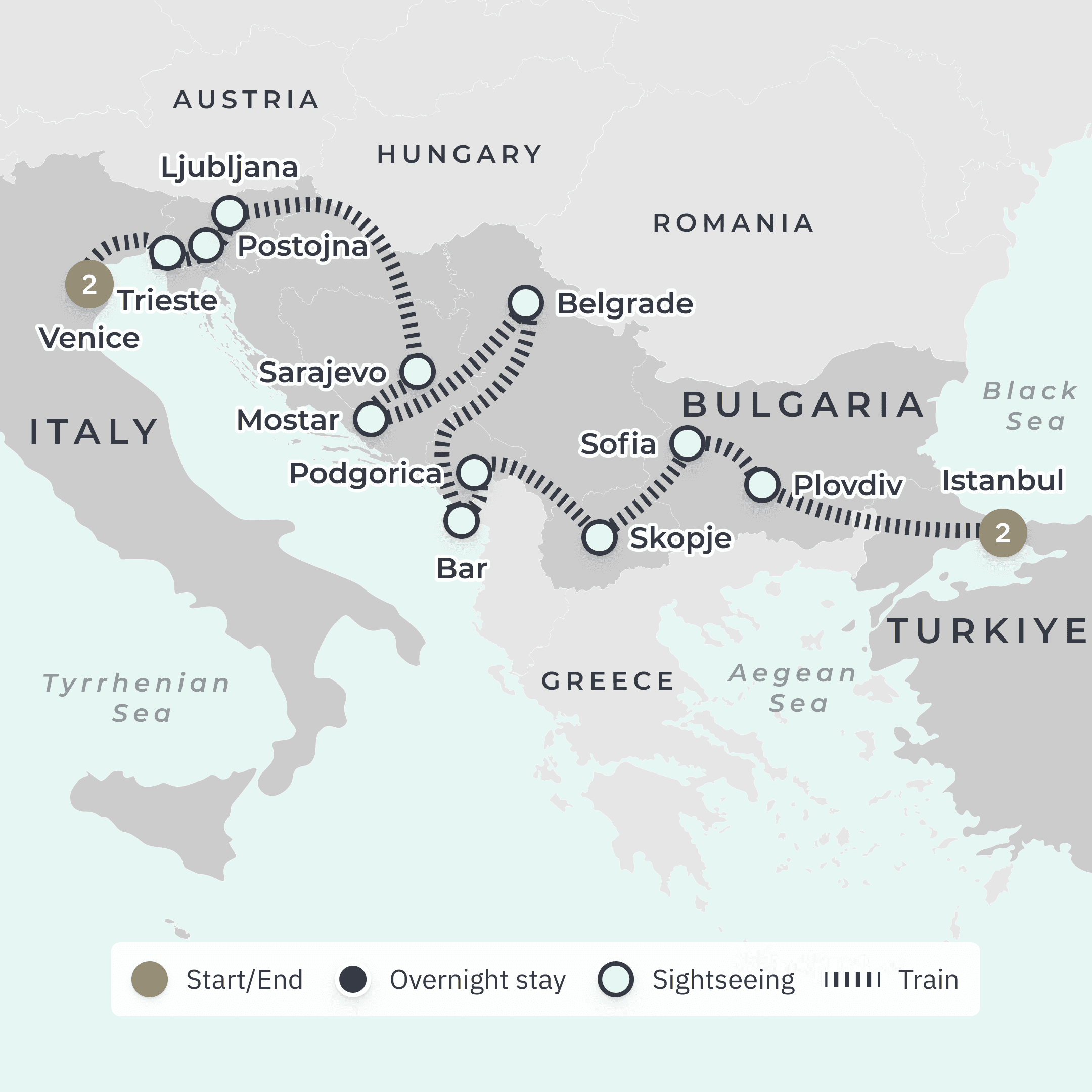 Balkan Explorer All-Inclusive Ultra-Lux Golden Eagle Rail Journey with Montenegro Tour route map