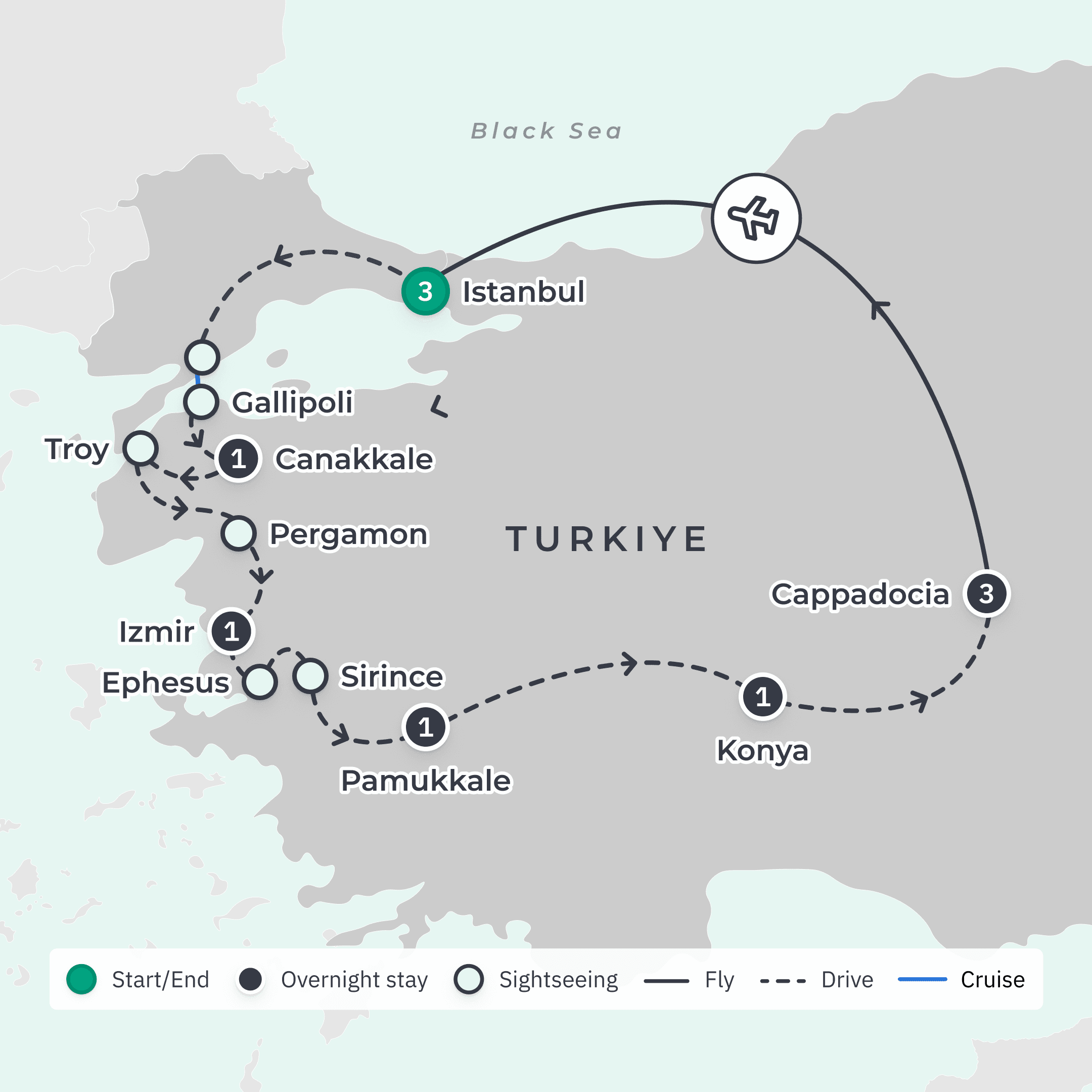 Deluxe 11-Day Turkiye Highlights 2025 with Cappadocia, Izmir & Pamukkale route map
