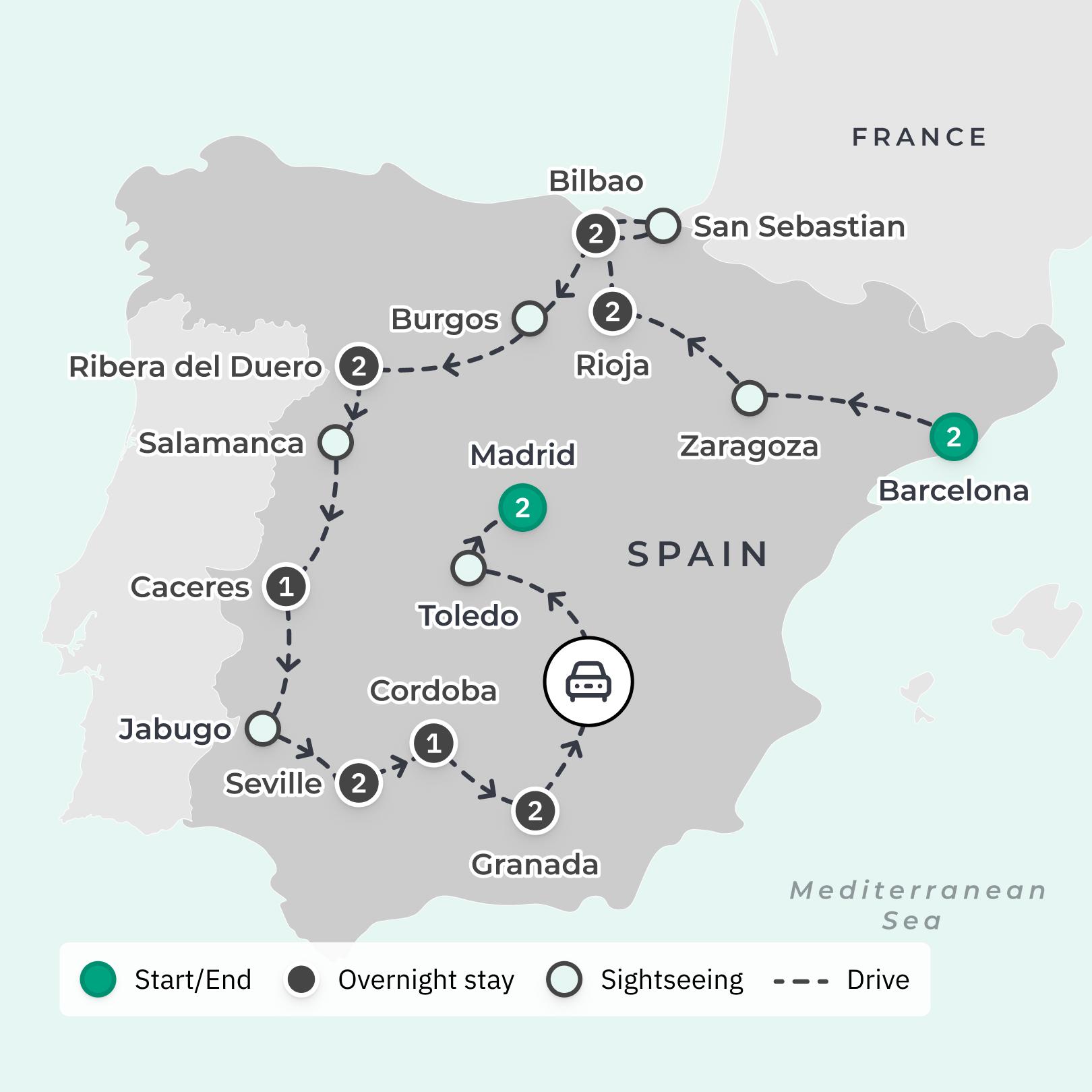 Flavours of Spain Luxury Gourmet Tour with Michelin-Starred Dining & Caviar Tasting route map