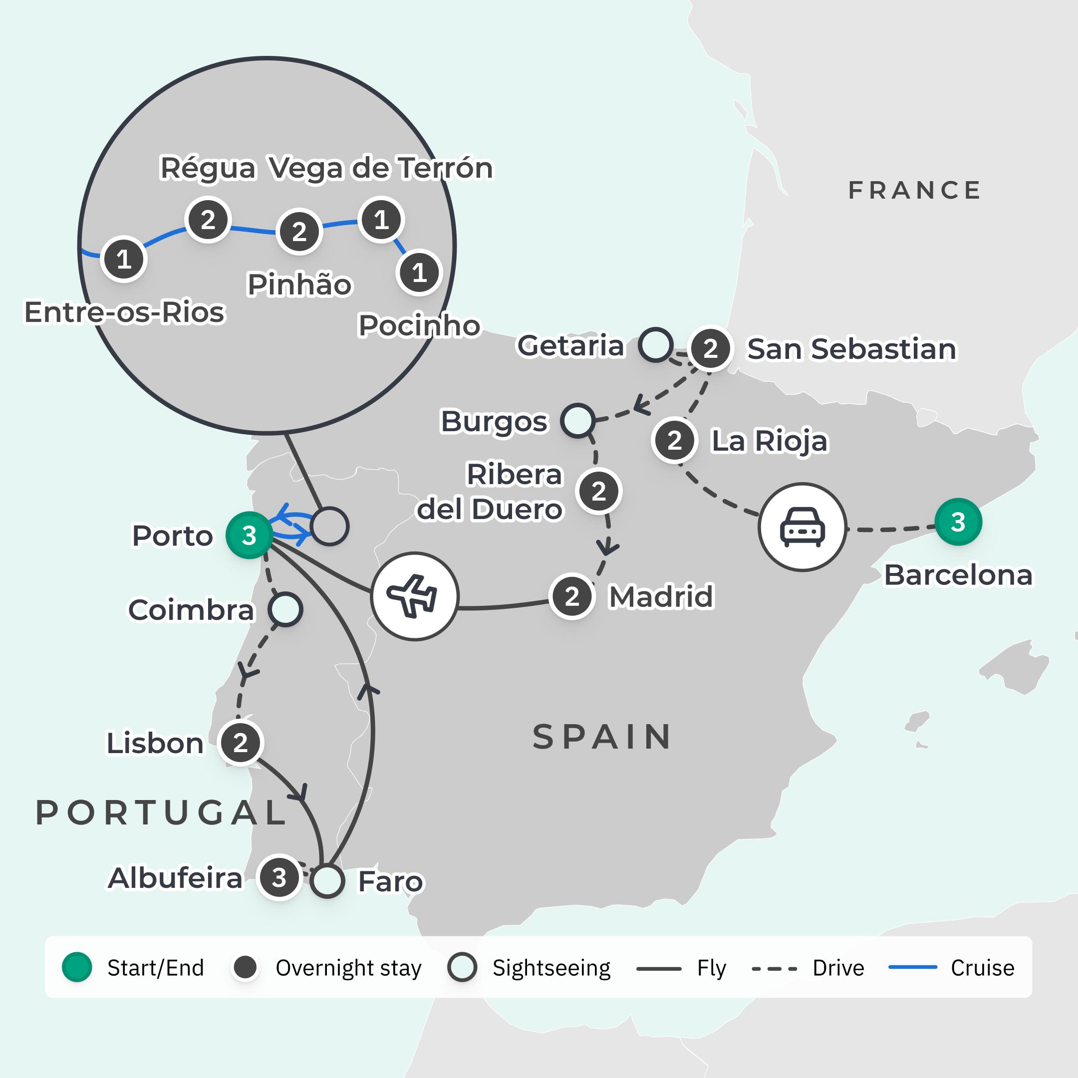 Limited Time Offer: 16-Day Spain and Portugal Foodie Tour + 10-Night Scenic Douro River Cruise route map