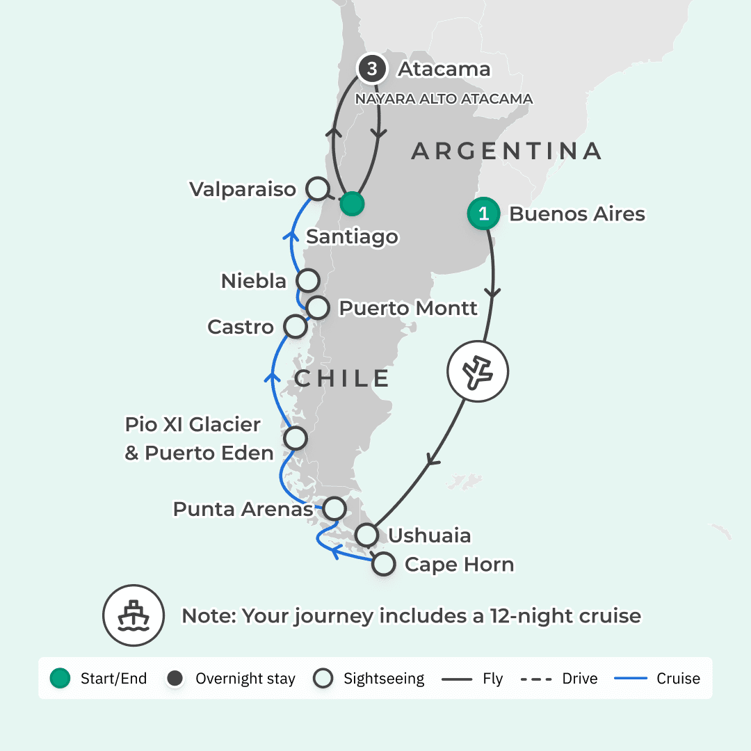 Angebot für kurze Zeit: 13-tägige Patagonien-Kreuzfahrt mit der Scenic Eclipse II + 3 Übernachtungen in einer Lodge in der Atacama-Wüste route map