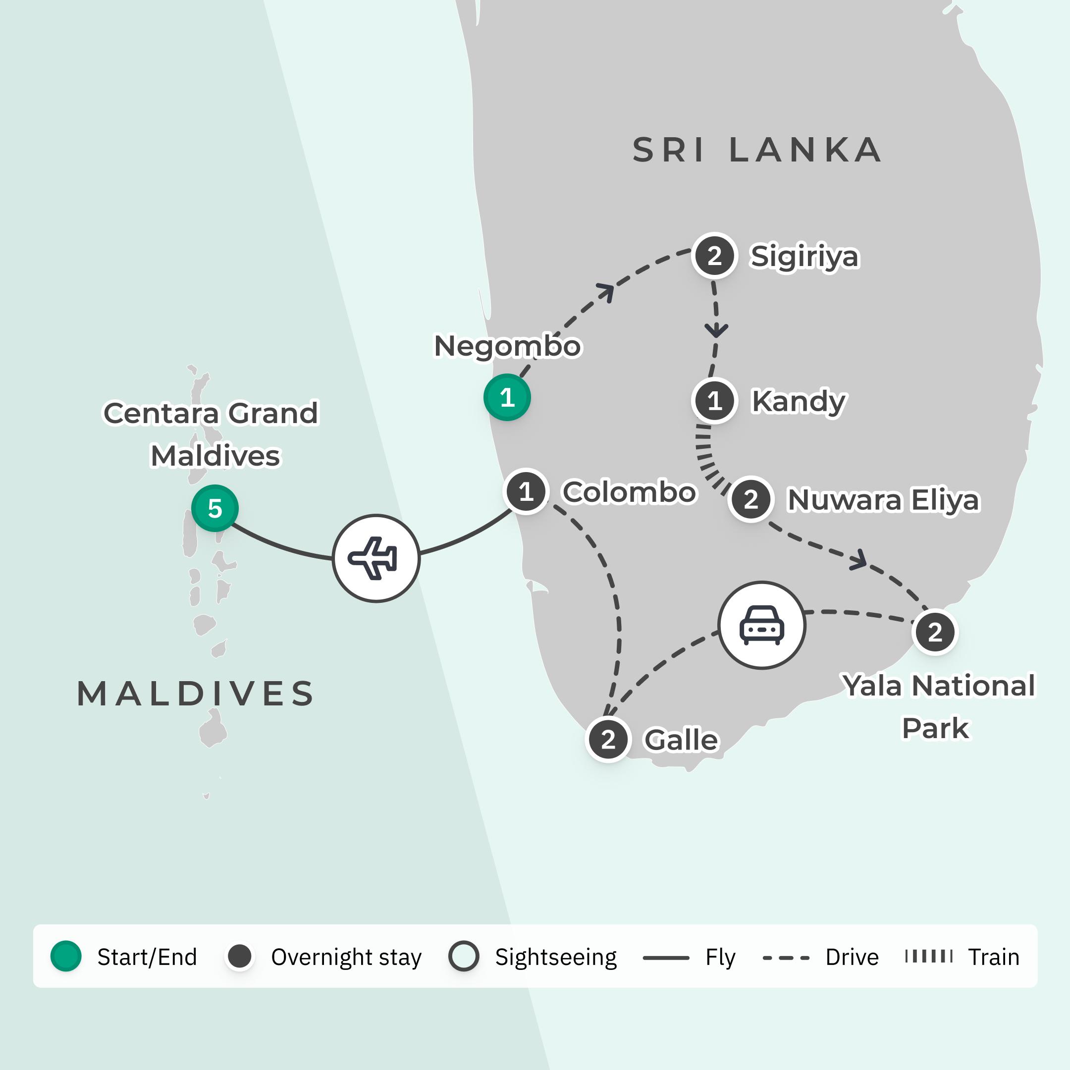 Limited Time Offer: 12-Day Best of Sri Lanka 2026 Tour with 5-Night Luxury Overwater Centara Grand Lagoon Maldives Stay route map