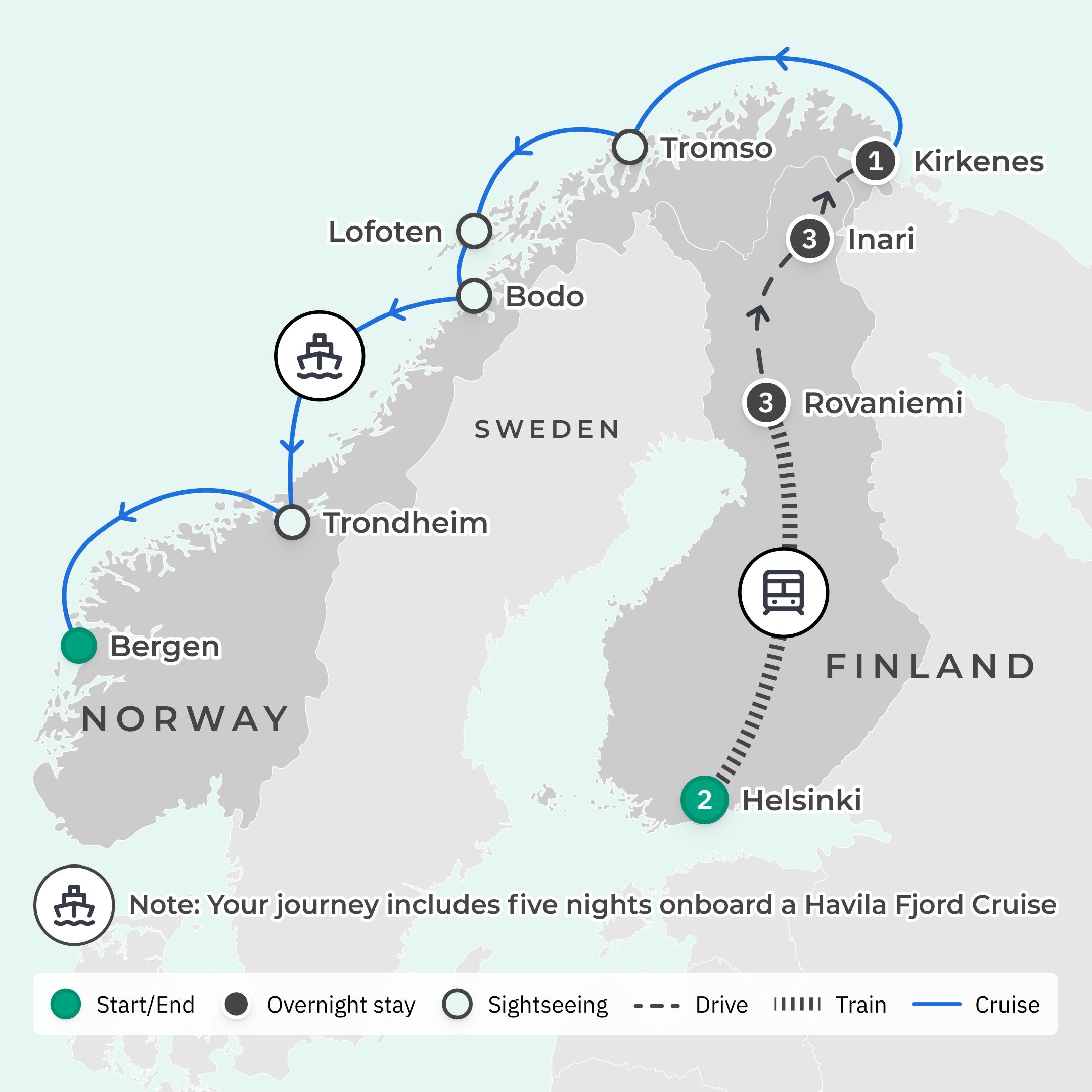 Deluxe 15-Day Christmas & New Year Finland & Norway Northern Lights Tour with Havila Fjord Cruise route map