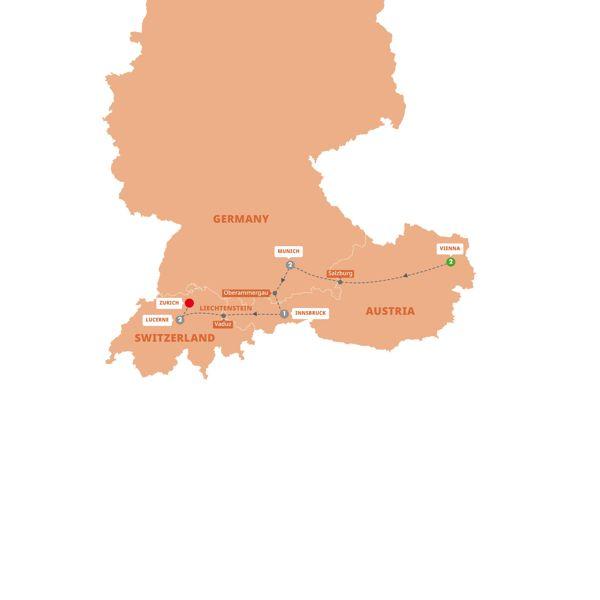 Christmas Markets of Austria, Germany and Switzerland route map