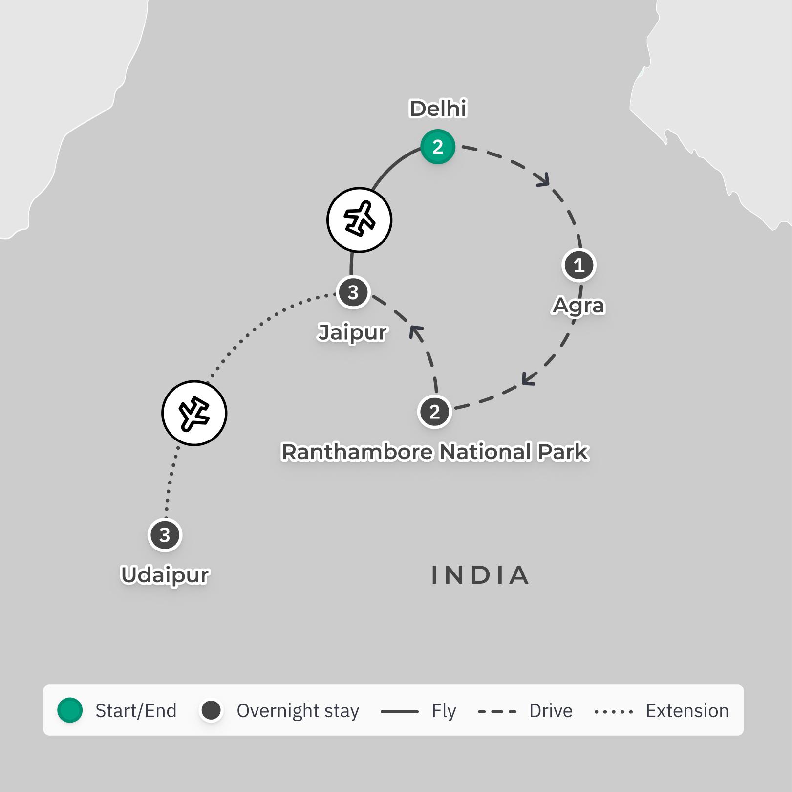 India: 9-Day Luxury Small-Group Tour with Ranthambore National Park Safari, Sunset Taj Mahal Visit & Agra Fort Photoshoot route map