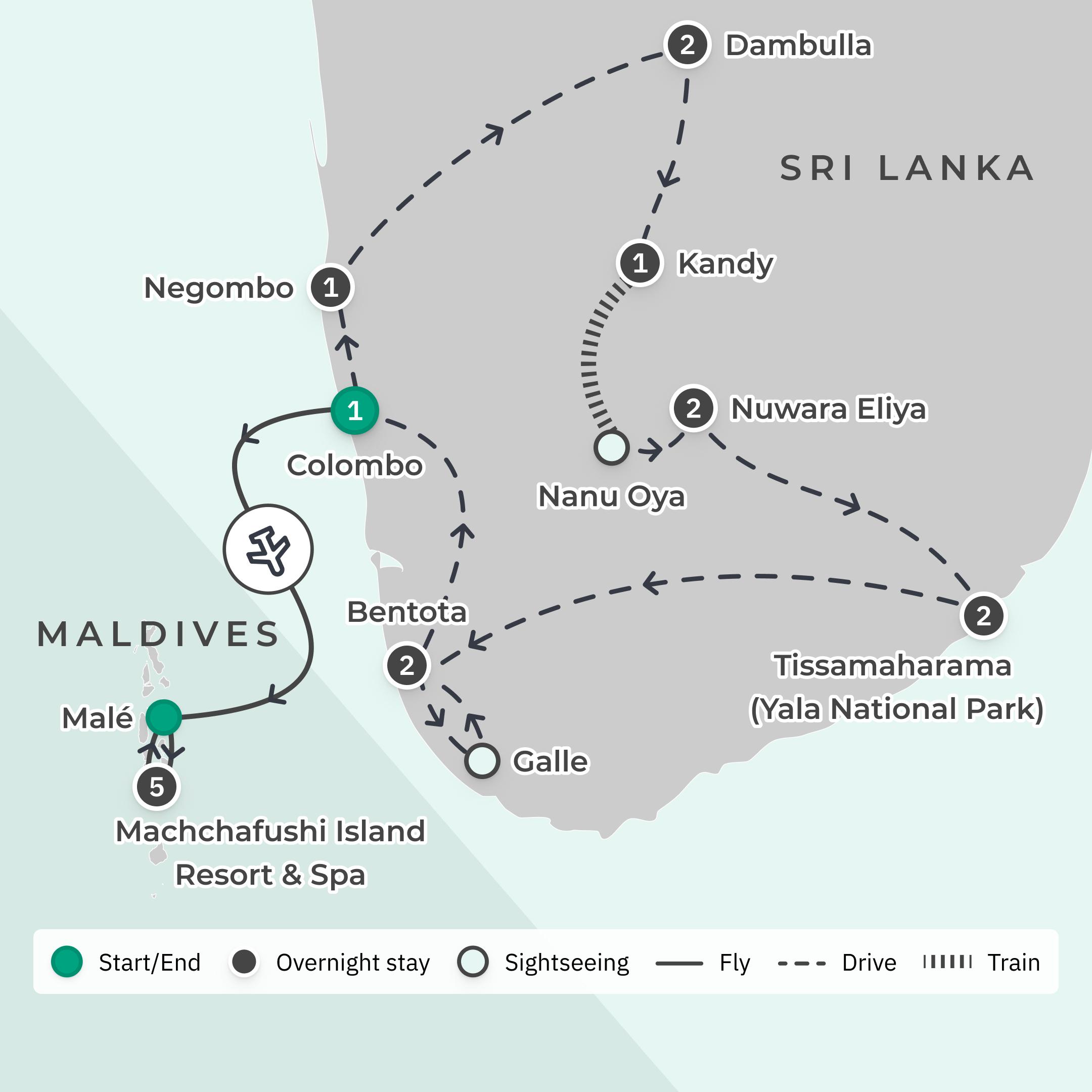 Limited Time Offer: 12-Day Best of Sri Lanka Tour + Upgraded 5-Night All-Inclusive Maldives Overwater Villa Stay    route map