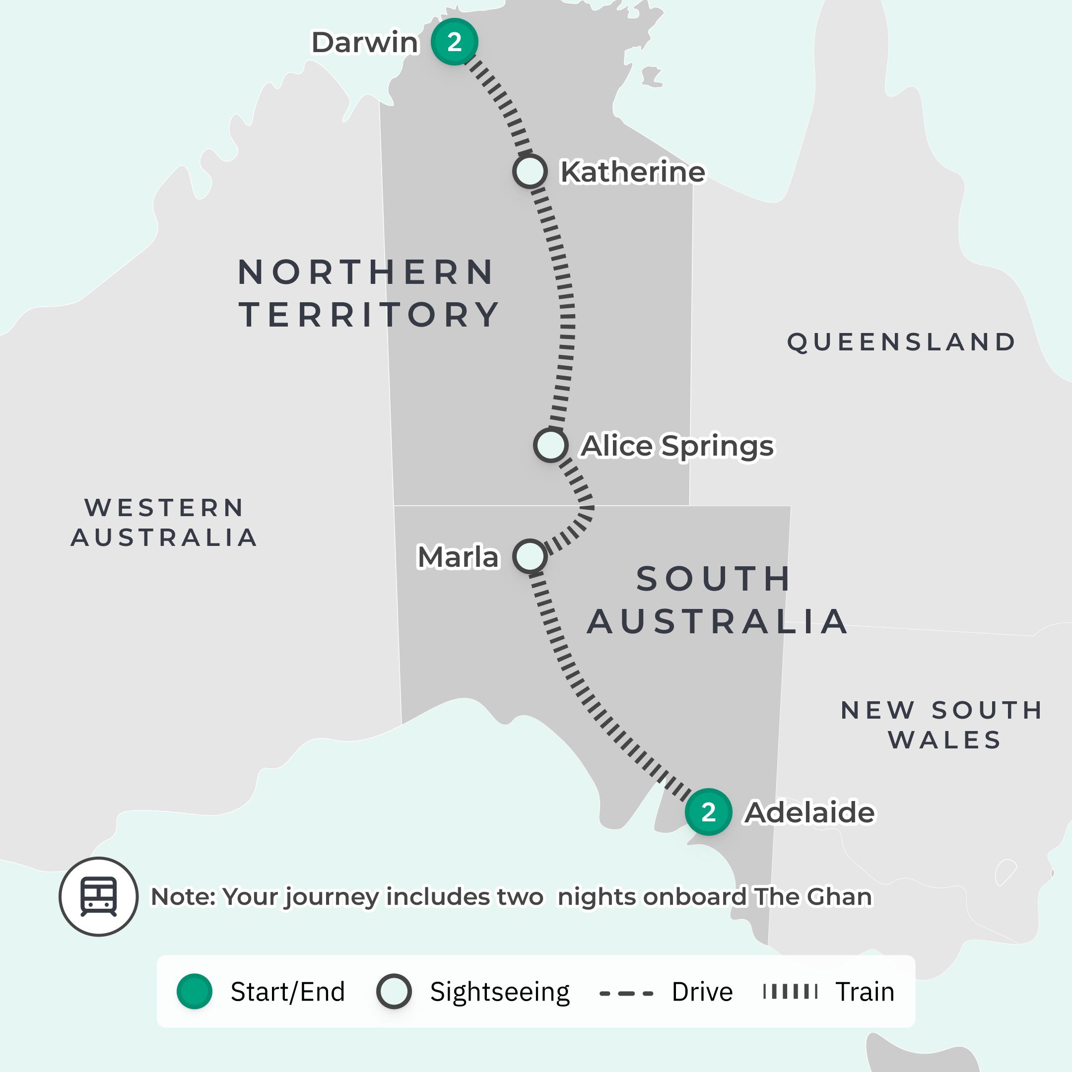 Limited Time Offer: The Ghan 3-Day Rail Discovery Journey with Sunset Cruise + Two-Night Stays in Adelaide & Darwin route map