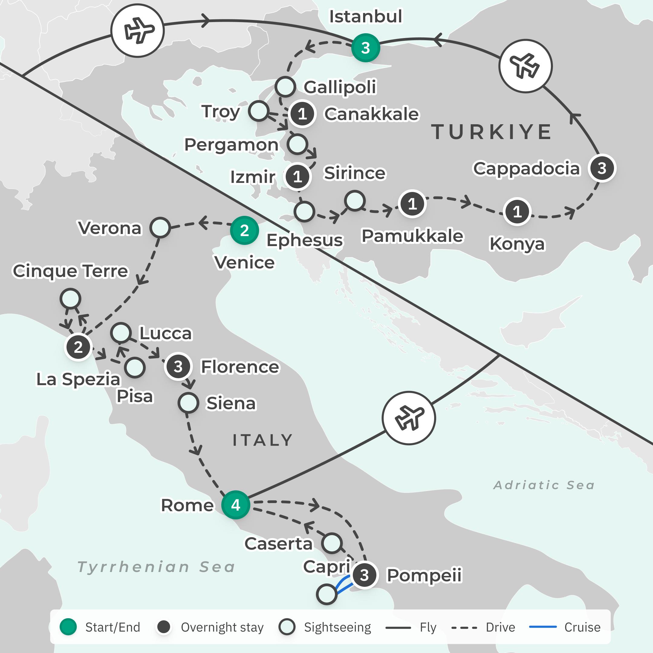 Limited Time Offer: 25-Day Best of Italy & Turkiye with Pompeii, Venice & Cappadocia route map