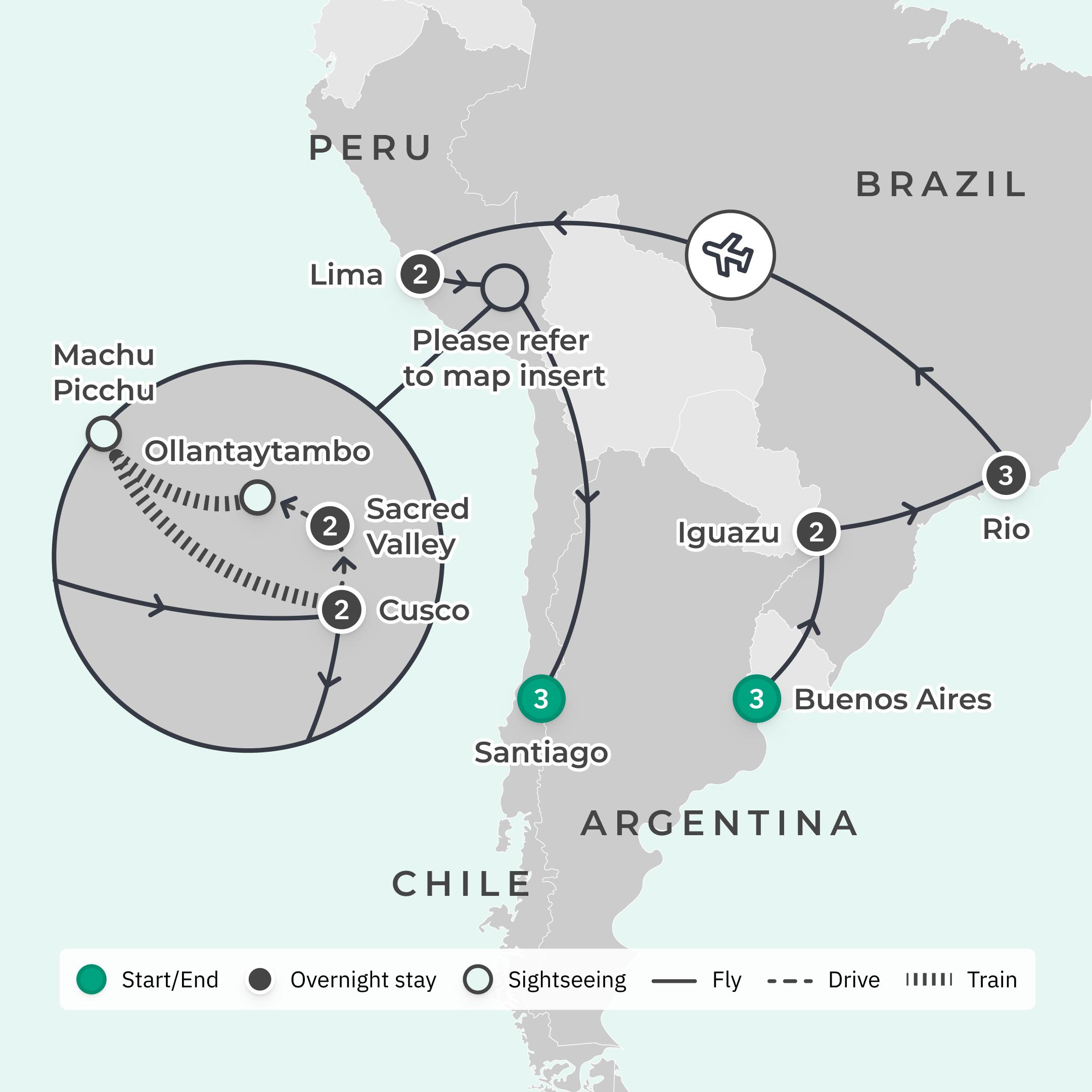 Limited Time Offer: 18-Day South America Odyssey with Iguazu Falls, Machu Picchu & Rio + BONUS A$500 Flight Credit route map