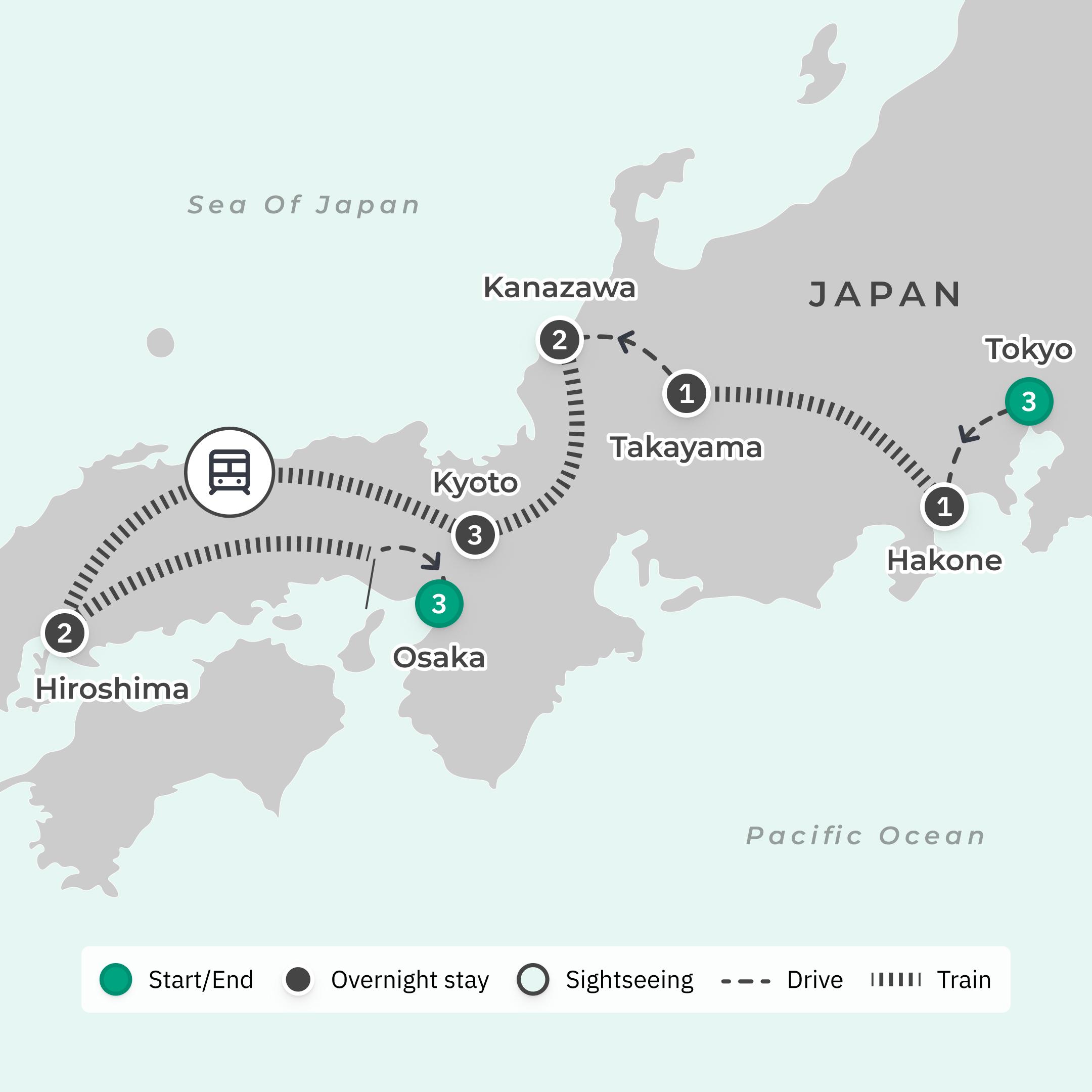 Limited Time Offer: Deluxe 16-Day Best of Japan Cherry Blossom Season with Tokyo, Hiroshima & Osaka route map