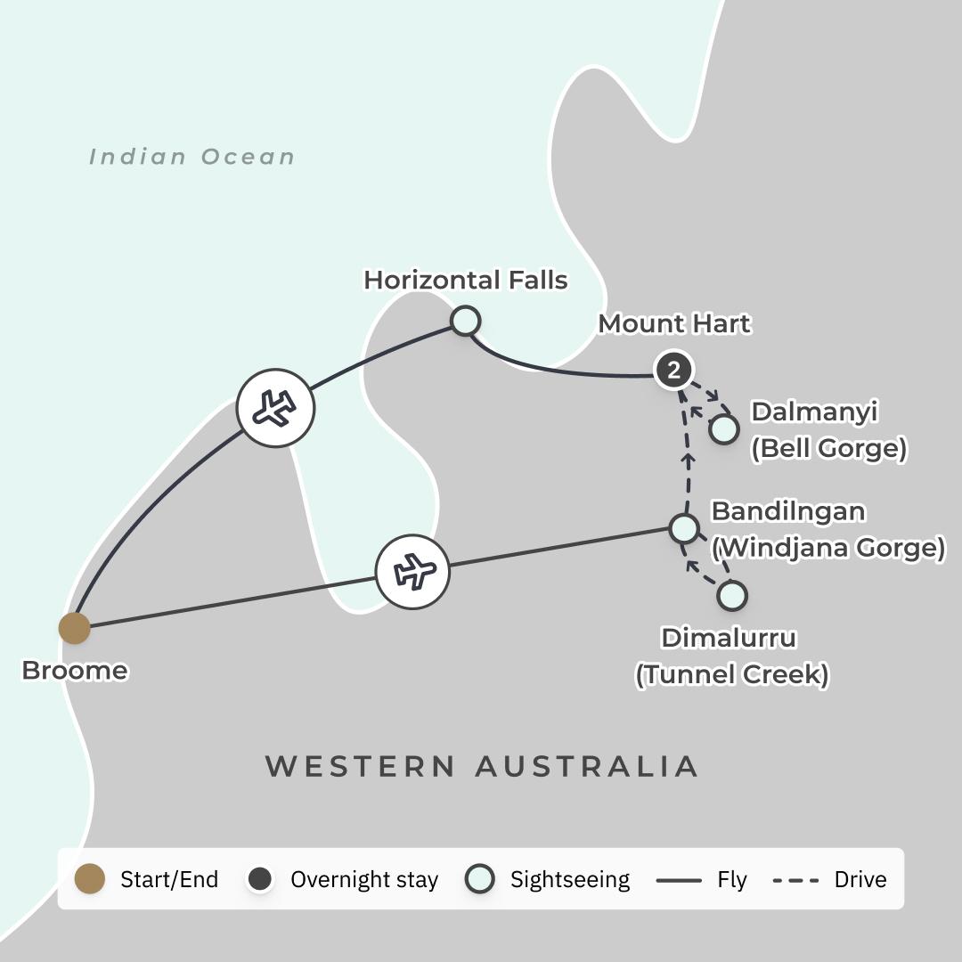 Kimberley Ultra Lux Tour by Air with All-Inclusive Wilderness Lodge Stay & Bell Gorge by Helicopter route map