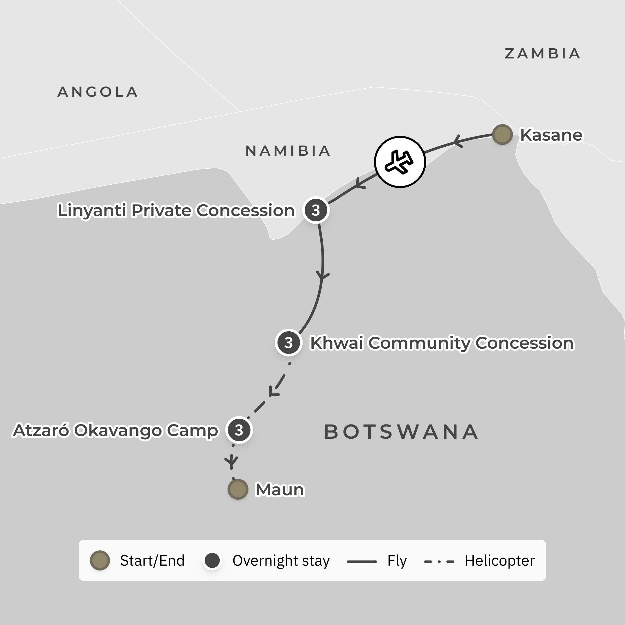 Offre à durée limitée : safari aérien Ultra Lux de 10 jours au Botswana, dans des camps de brousse africains, avec Linyanti, Khwai et le delta de l’Okavango route map