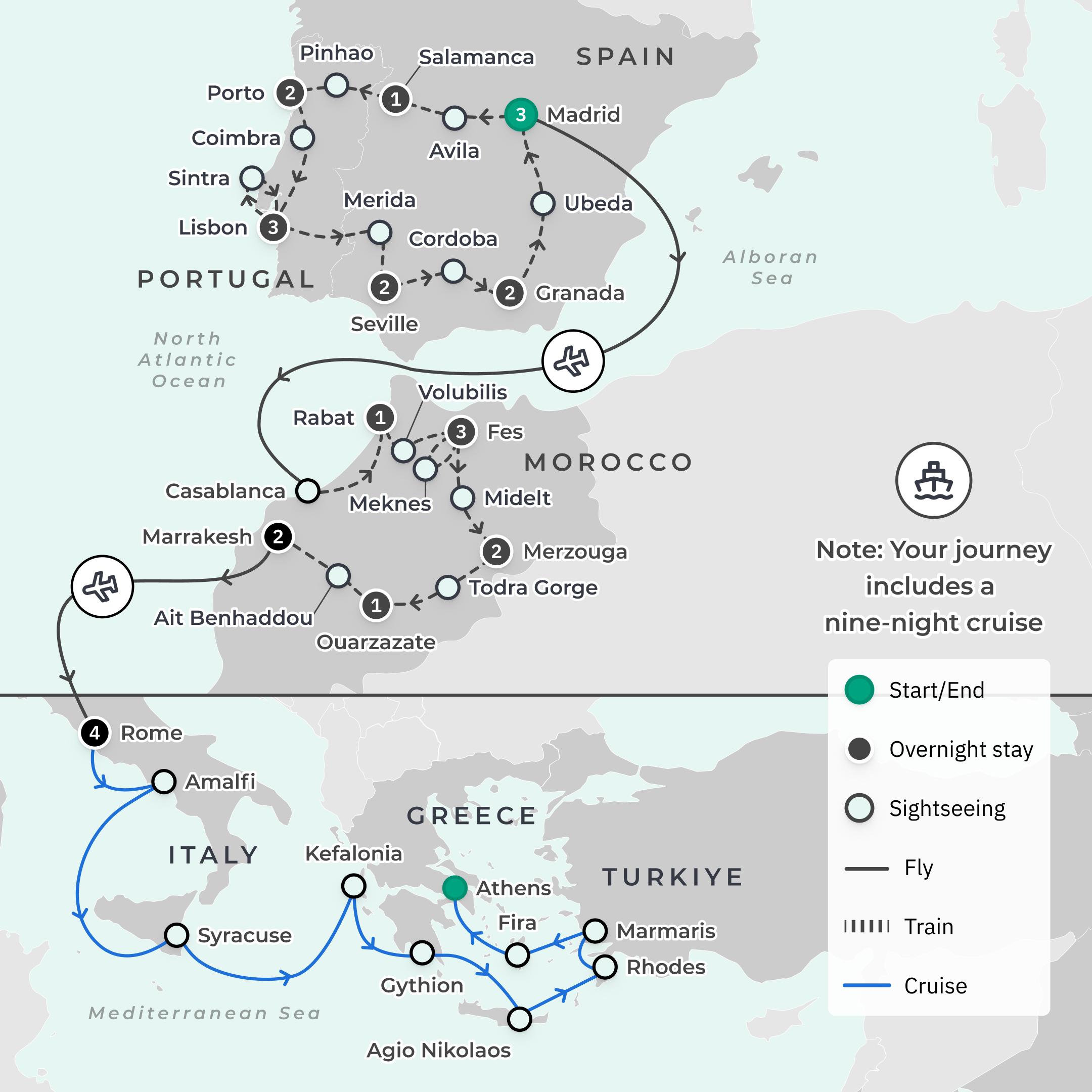 Limited Time Offer: Deluxe 23-Day Spain, Portugal & Morocco 2027 Tour + 3 Nights in Rome + 9-Night Azamara Cruise  route map