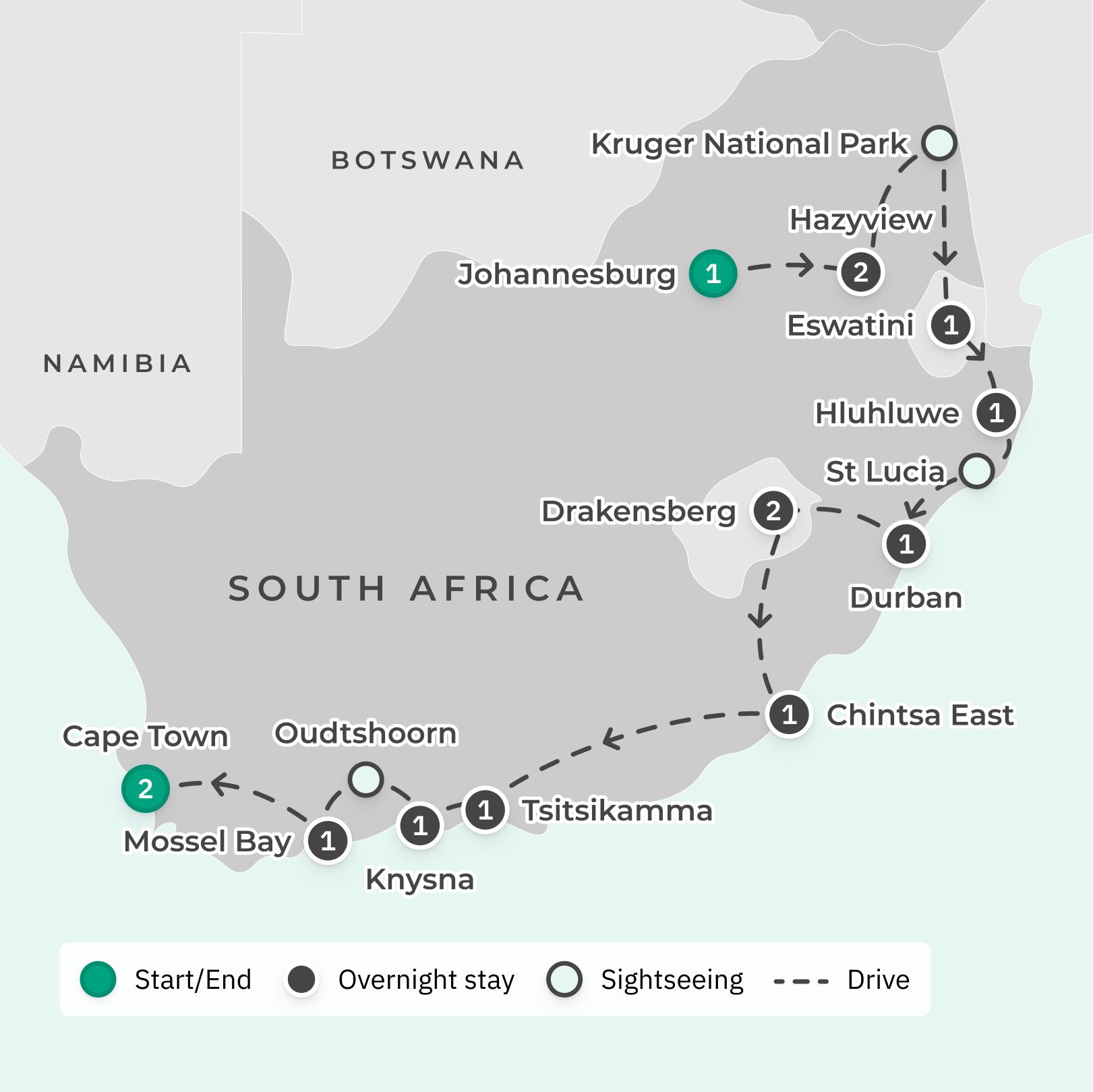 South Africa Tour with Kruger National Park Game Drive, Luxury Lodge Stay, eSwatini Cultural Visit, Cango Caves & Cape Winelands Tour route map