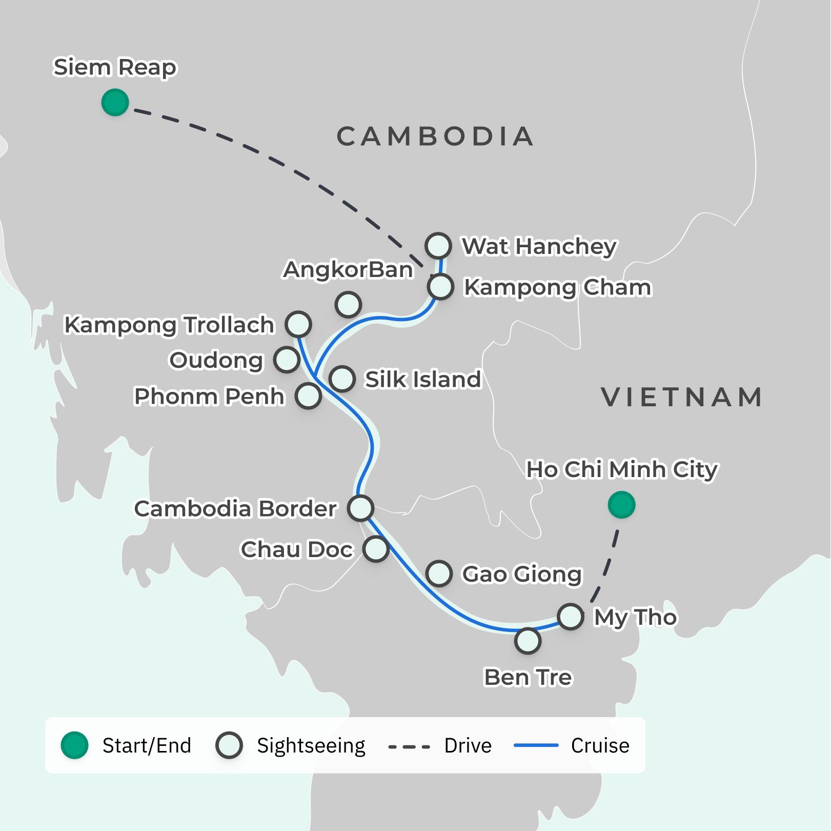  Cambodia–Vietnam Mekong Delta Cruise Tour with All-Inclusive Dining, Free-Flow Drinks, Phnom Penh Visit & Cultural Experiences  route map