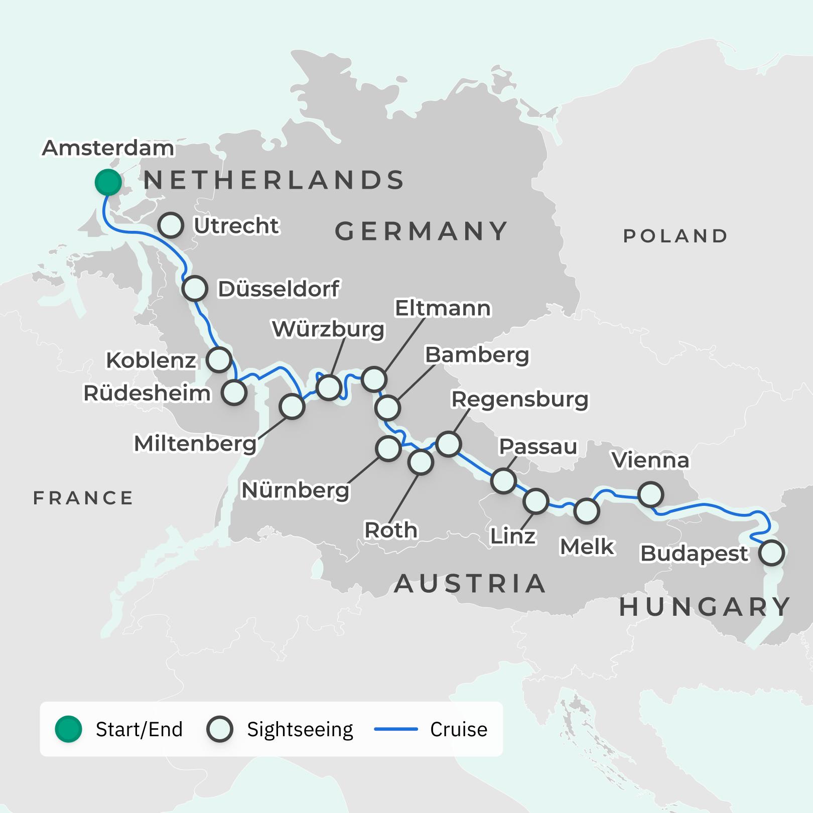 Amsterdam to Budapest: All-Inclusive Riverside Luxury Cruise with Butler Service, A$1000 Credit & Shore Excursions route map
